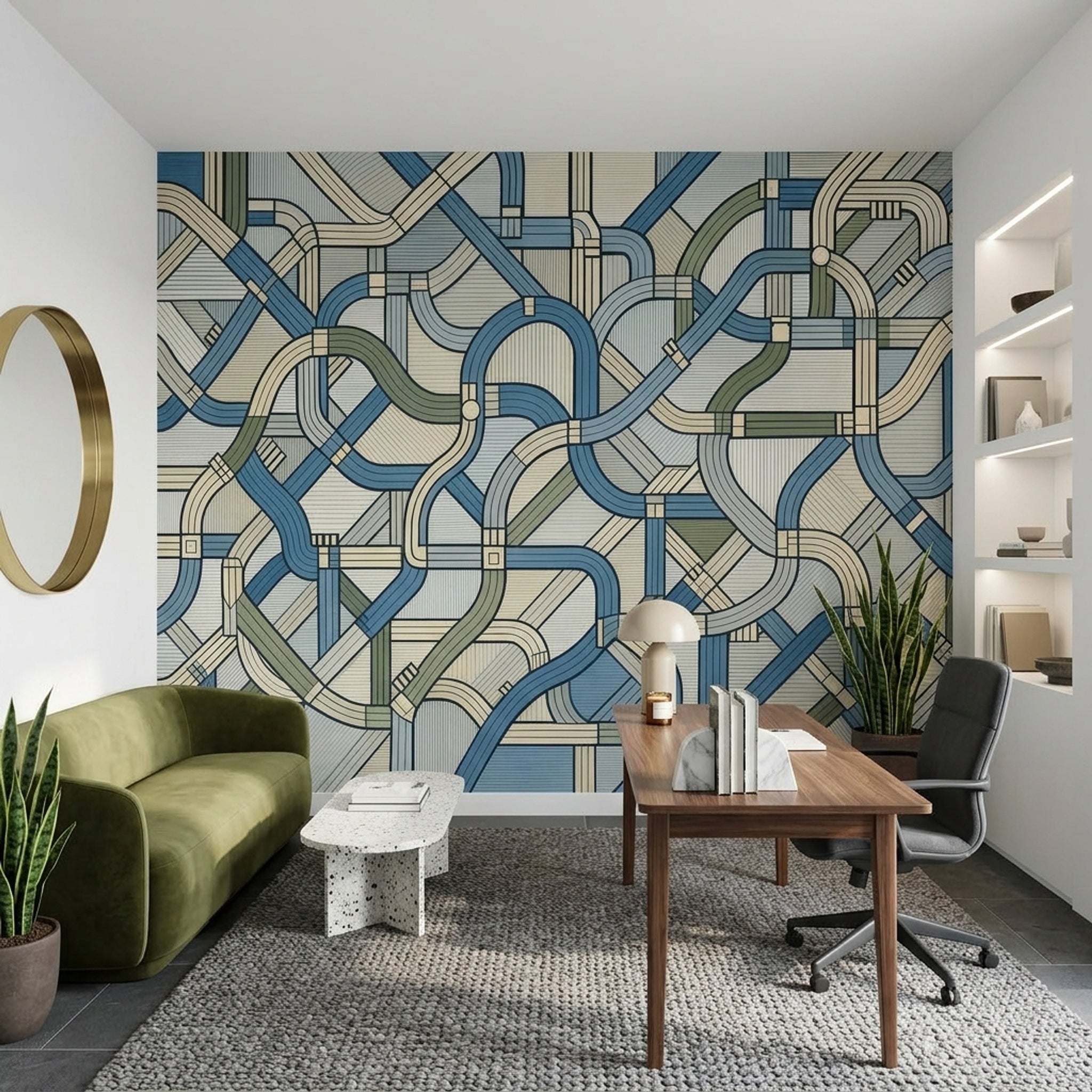 Geometrik Şeritli Poster Duvar Kağıdı Mavi Yeşil Modern Salon