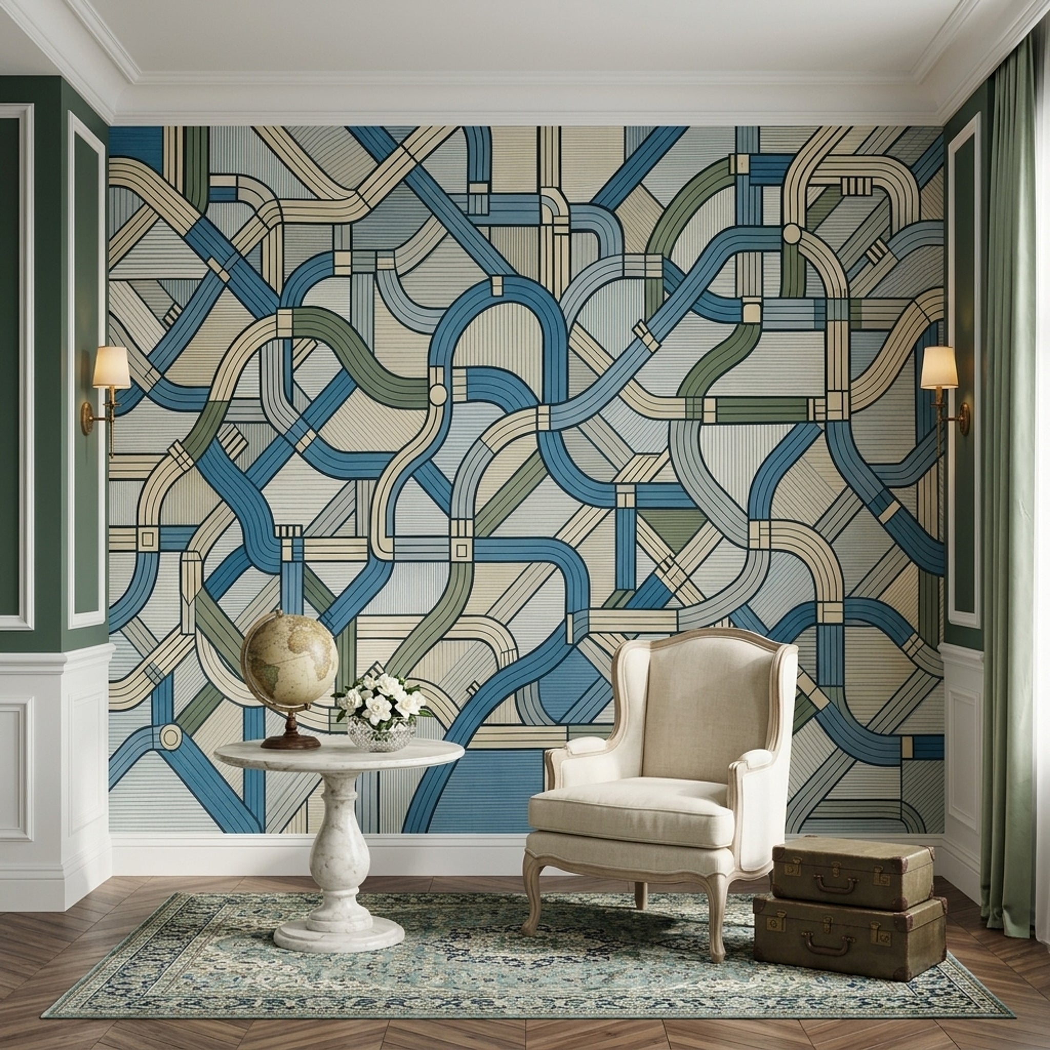 Geometrik Şeritli Poster Duvar Kağıdı Mavi Yeşil Modern Salon