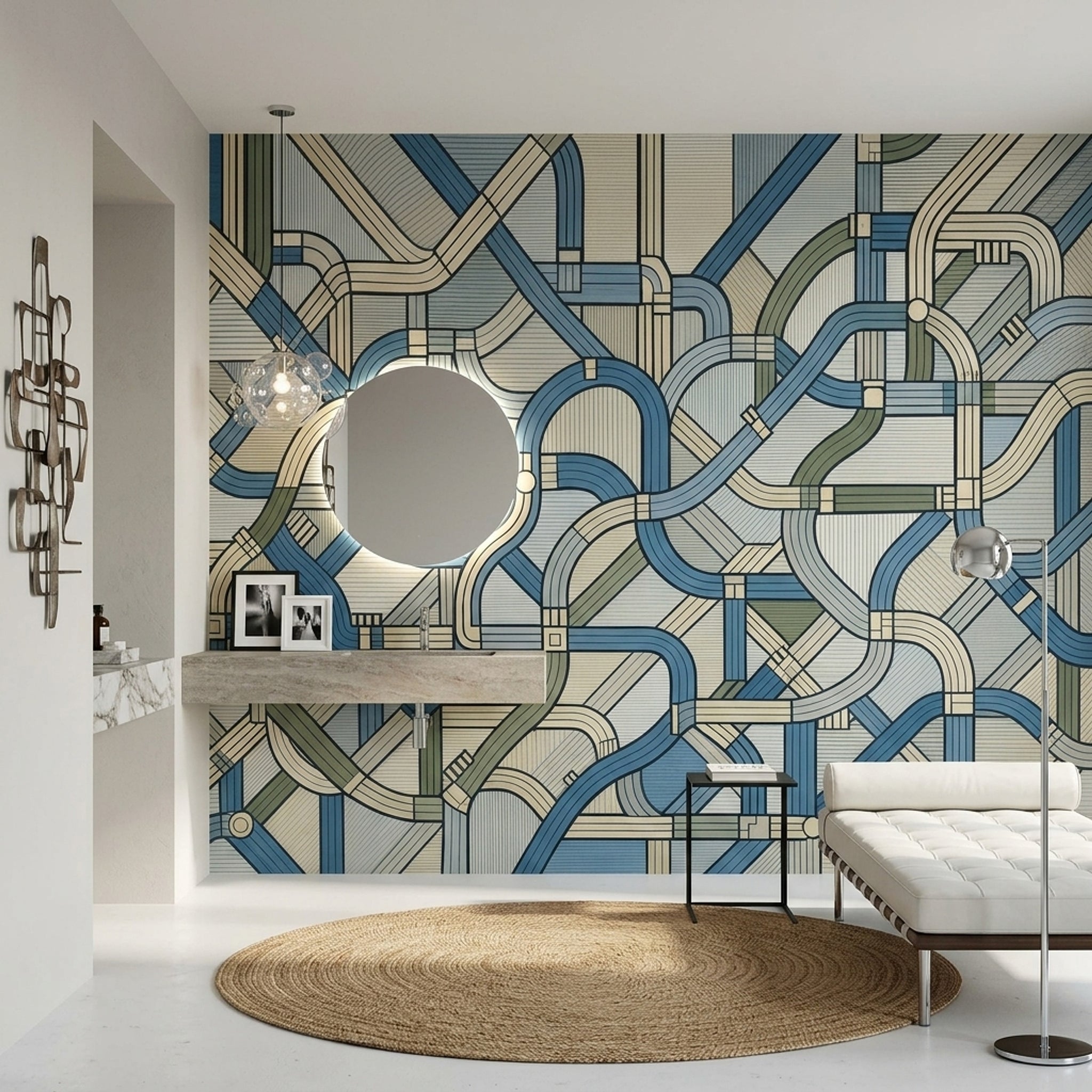 Geometrik Şeritli Poster Duvar Kağıdı Mavi Yeşil Modern Salon
