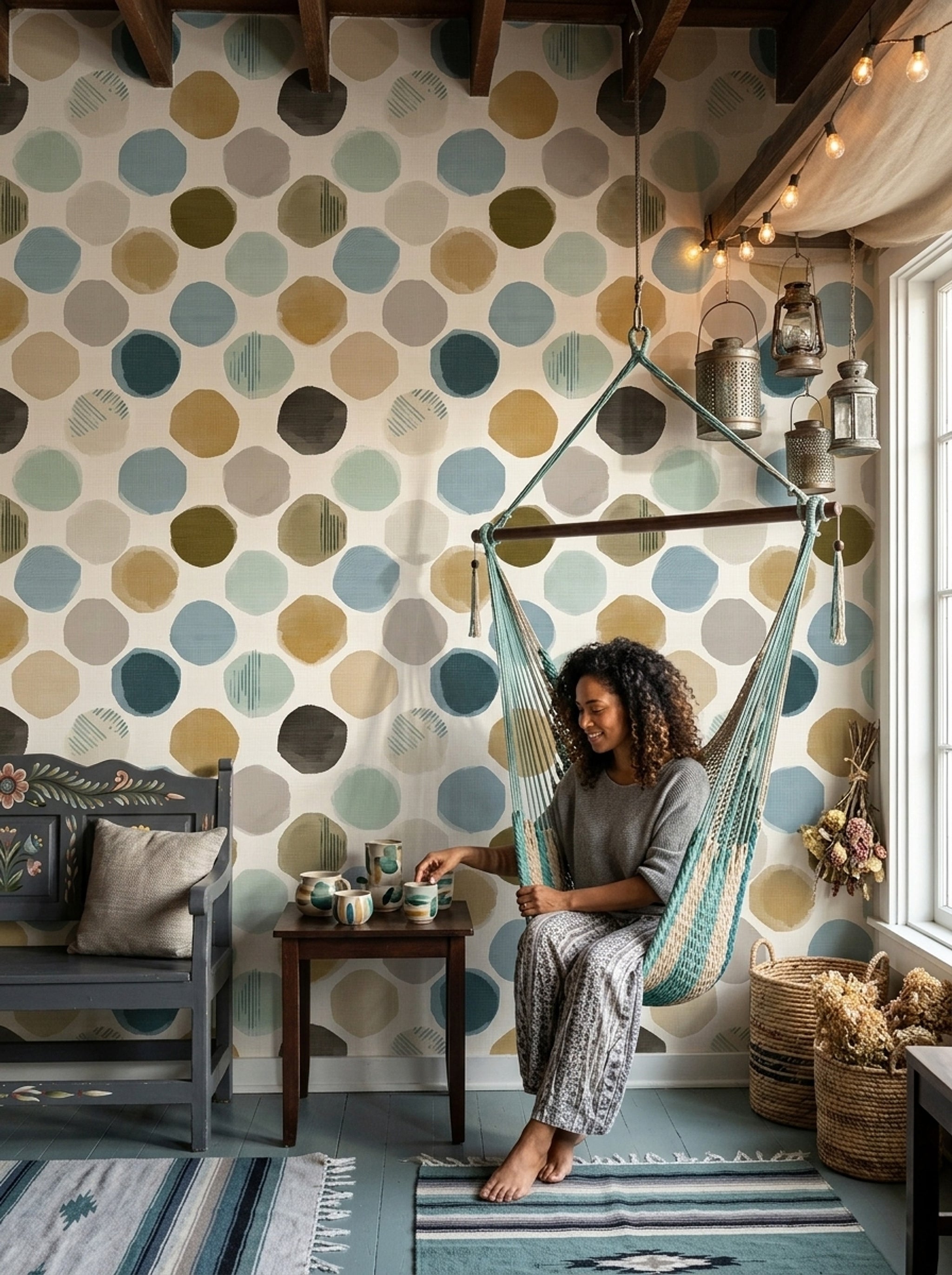 Renkli Benekli Duvar Kağıdı Modern Geometrik Salon