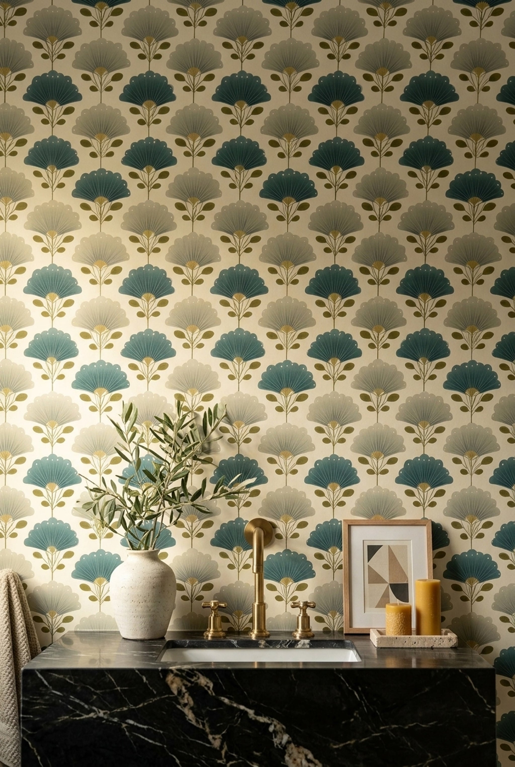 Yelpaze Çiçek Desenli Duvar Kağıdı Mavi Bej Retro Salon