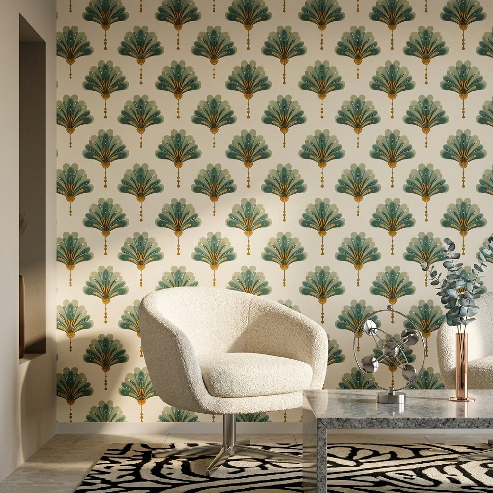 Art Deco Yelpaze Motifli Duvar Kağıdı Yeşil Krem Salon