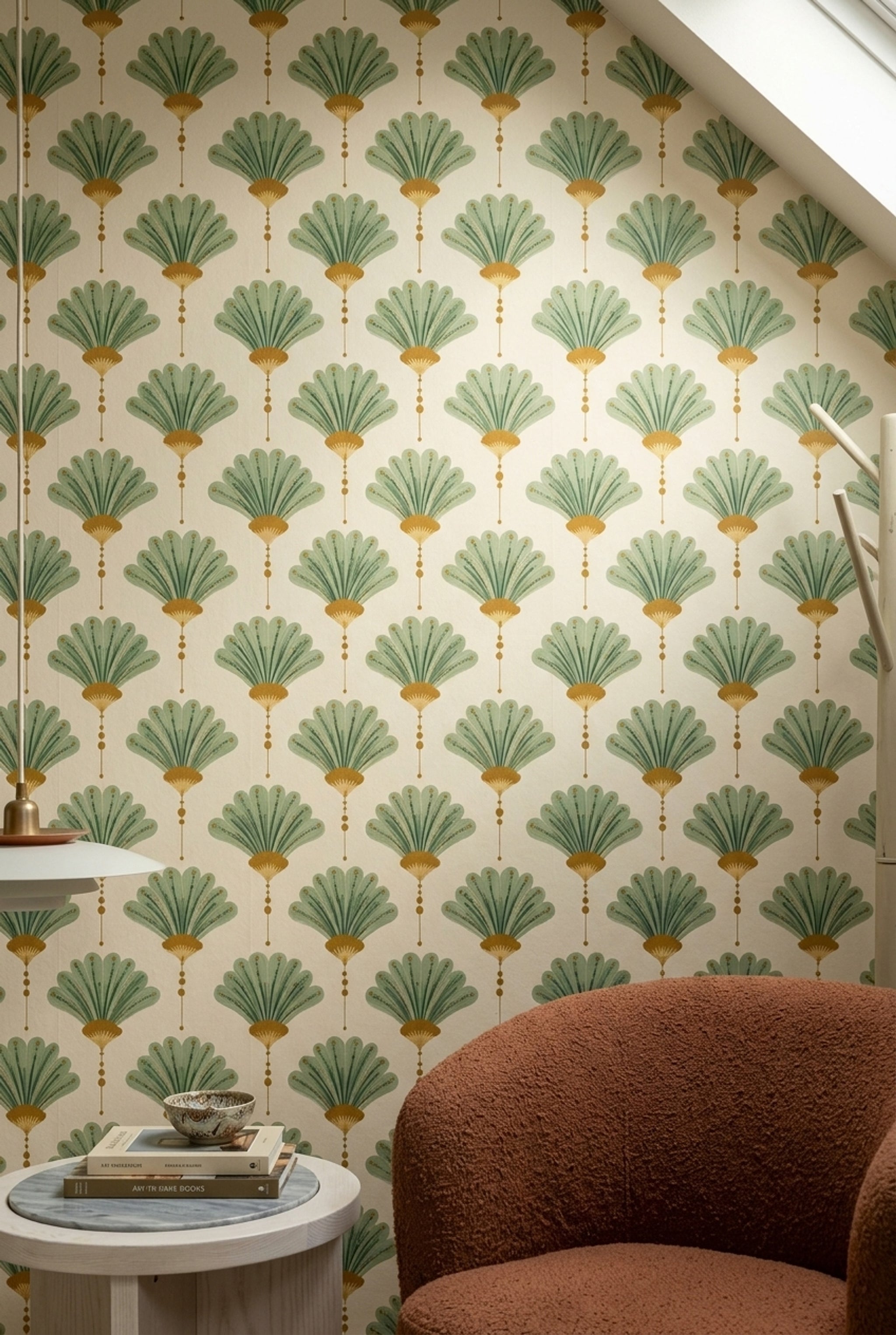 Art Deco Yelpaze Desenli Duvar Kağıdı Yeşil Krem Salon