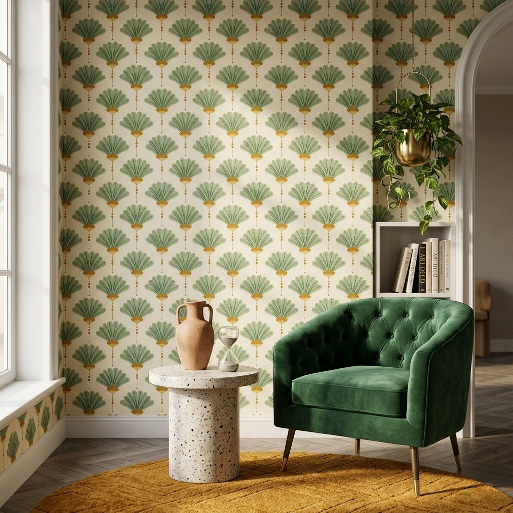 Art Deco Yelpaze Desenli Duvar Kağıdı Yeşil Krem Salon
