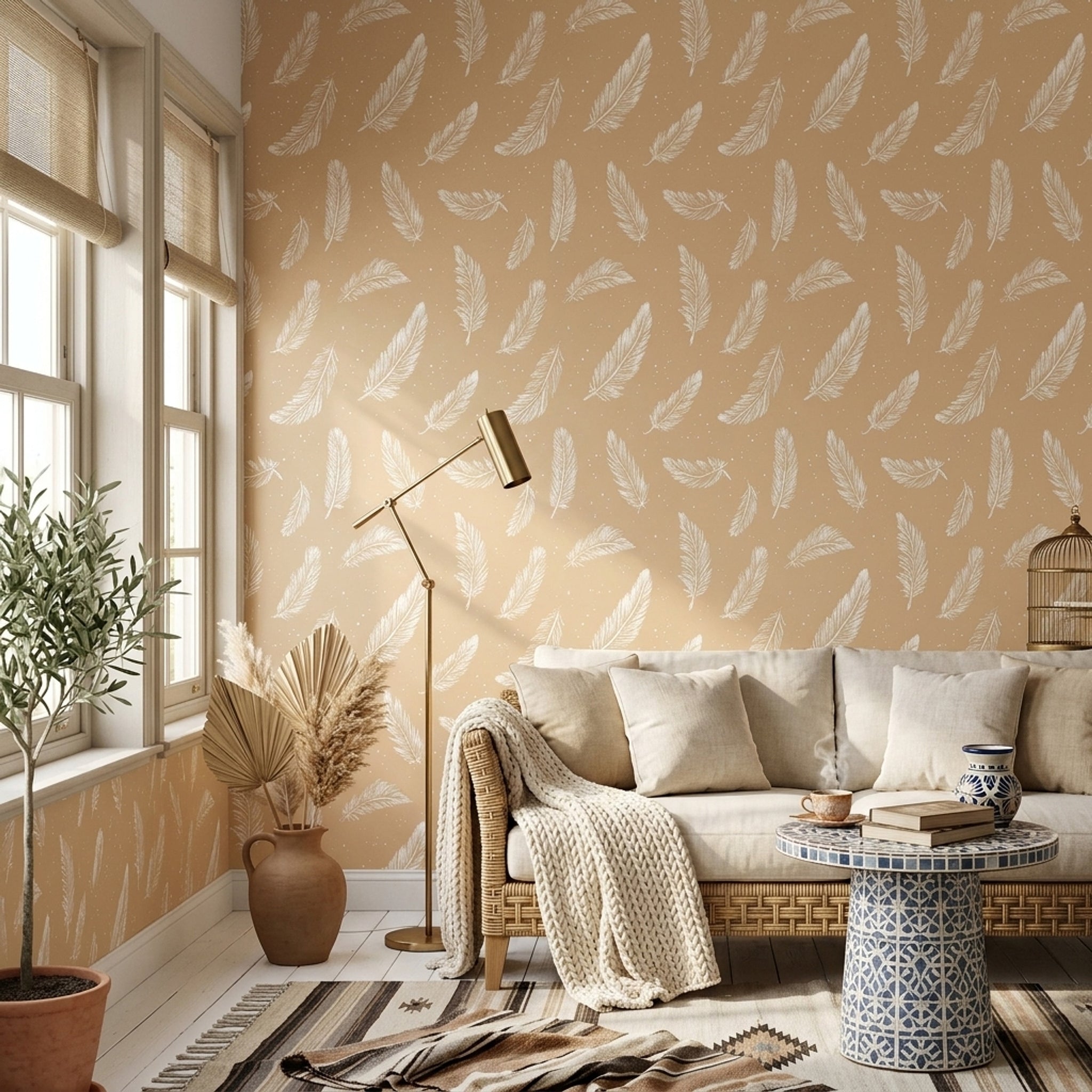Tüy Desenli Duvar Kağıdı Bej Minimal Salon Dekoru