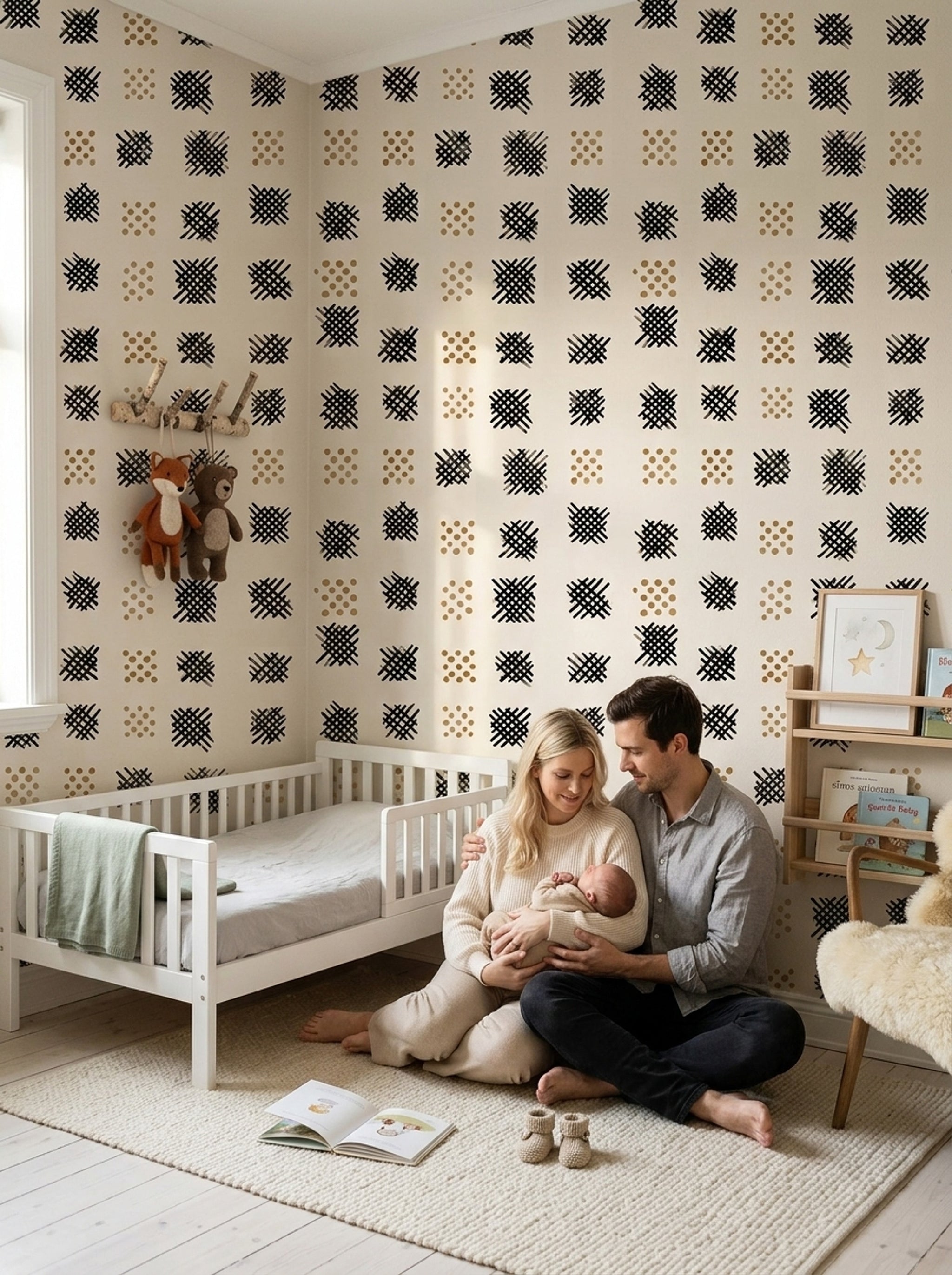 Geometrik Kare Desenli Duvar Kağıdı Bej Siyah Salon