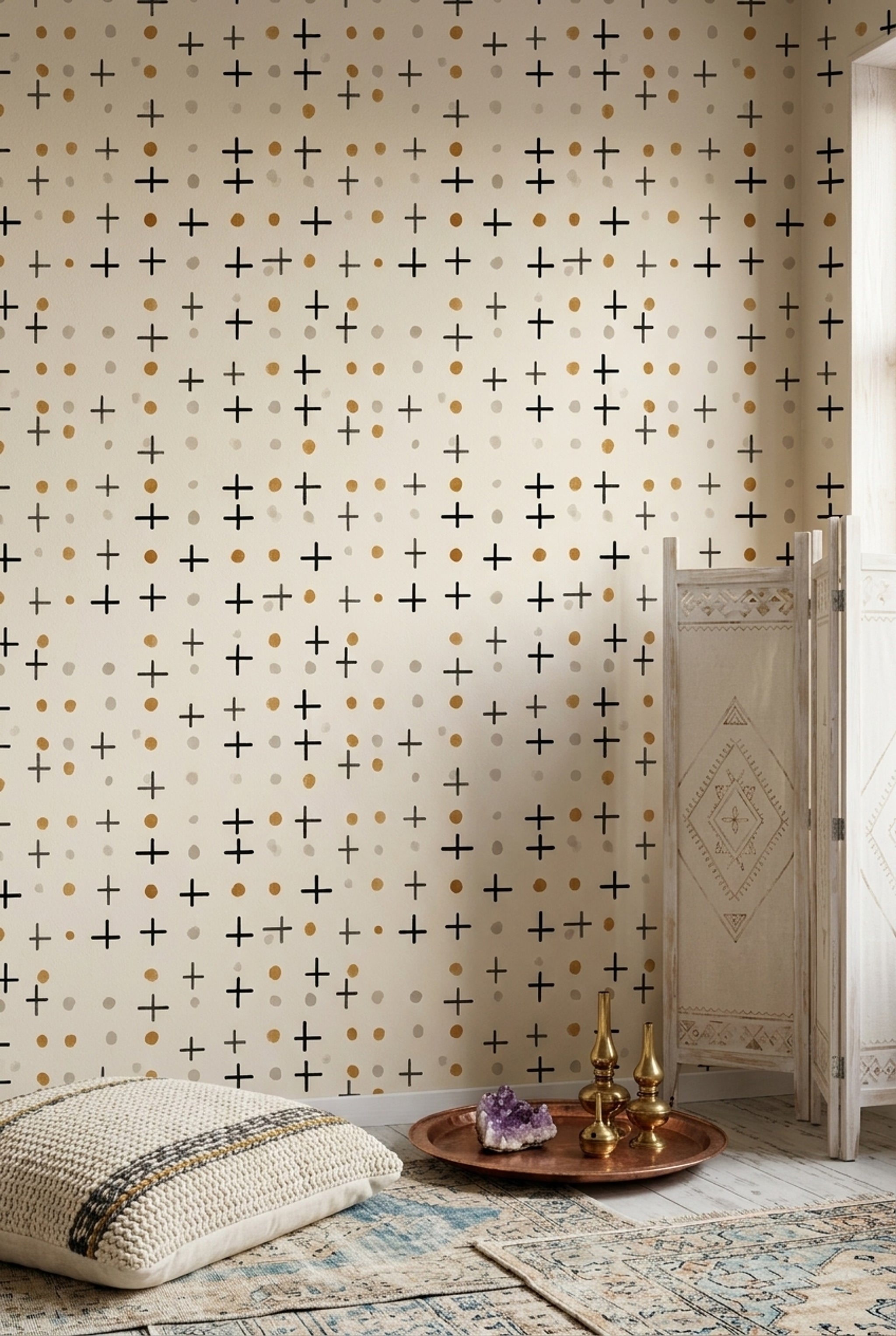Artı ve Nokta Desenli Duvar Kağıdı Siyah Bej Banyo