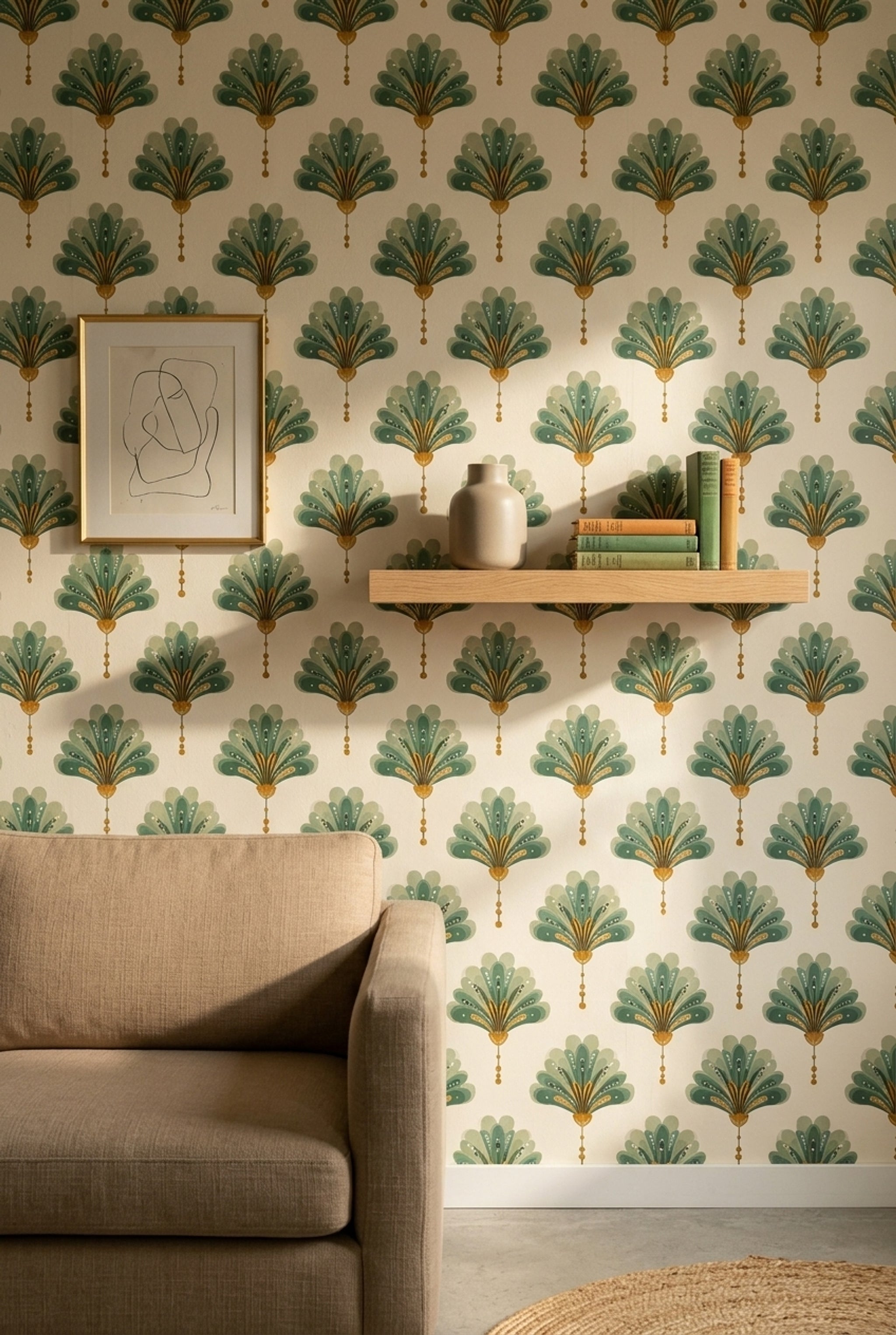 Art Deco Yelpaze Motifli Duvar Kağıdı Yeşil Krem Salon