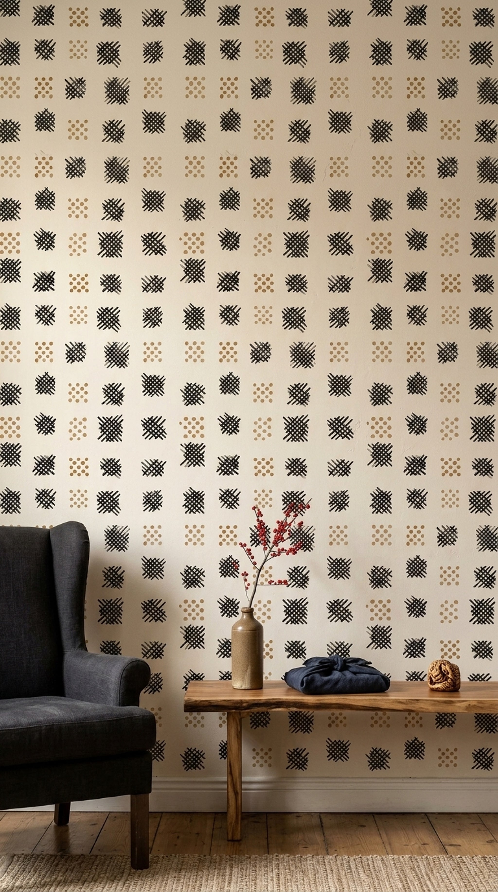 Geometrik Kare Desenli Duvar Kağıdı Bej Siyah Salon