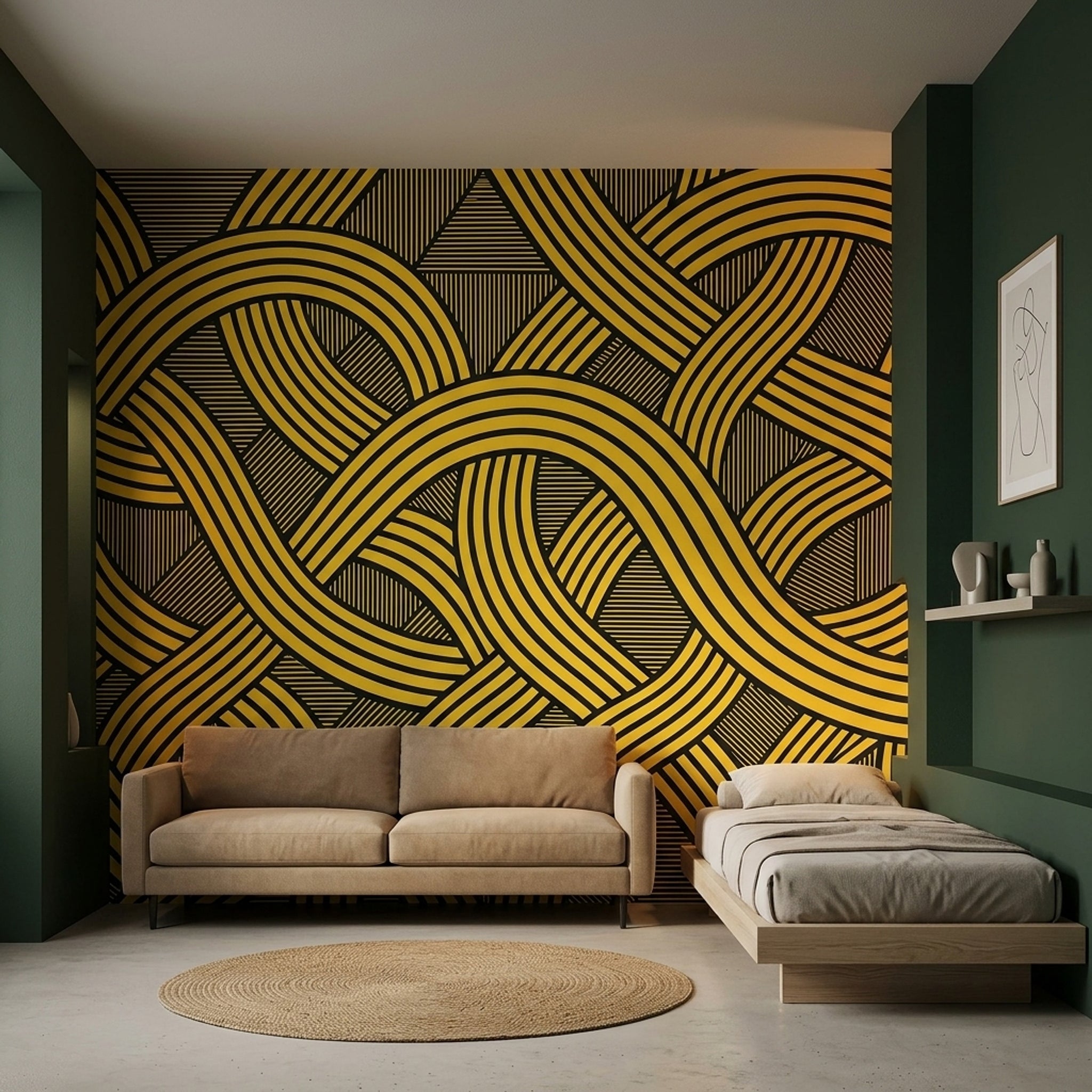 Geometrik Şeritli Poster Duvar Kağıdı Siyah Sarı Salon