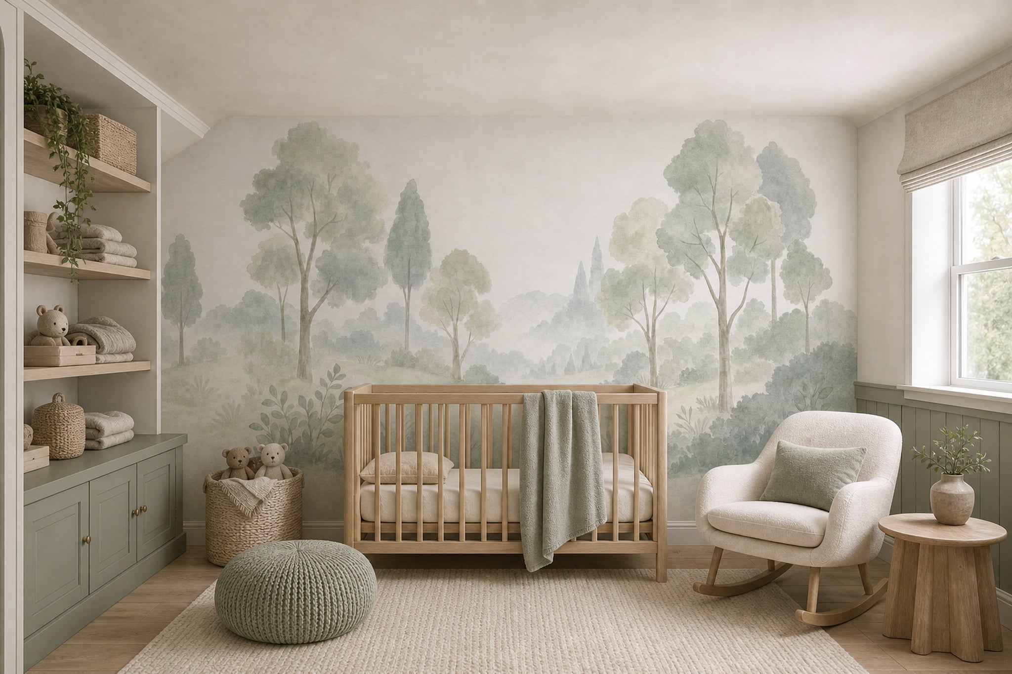 Sisli Orman Manzaralı Poster Duvar Kağıdı Pastel Yeşil Bebek Odası
