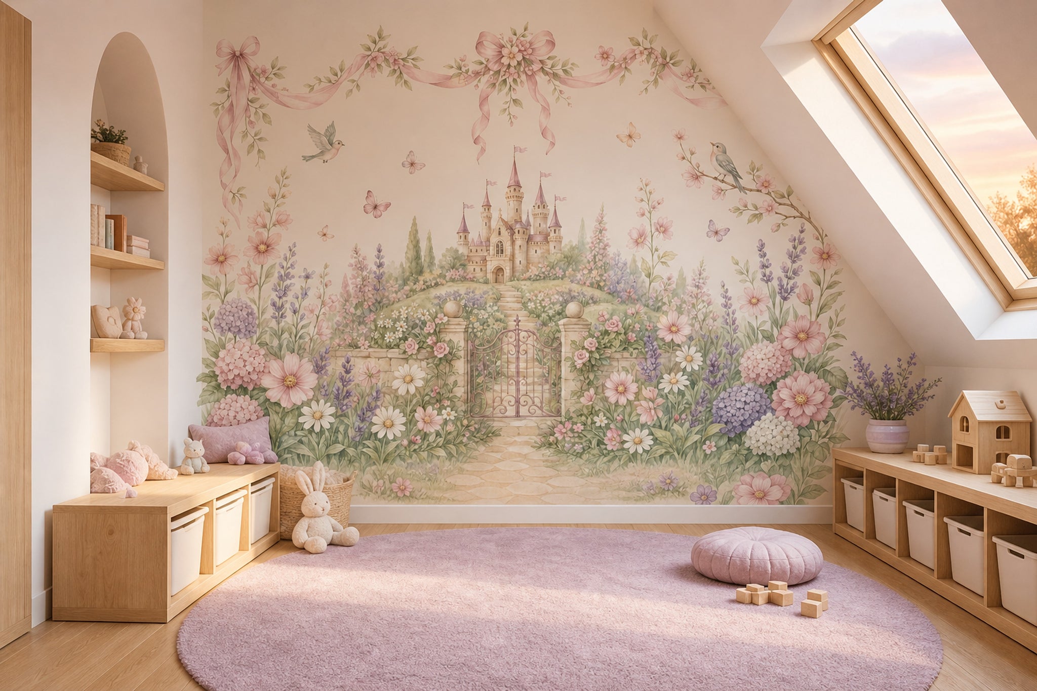 Masal Şatosu Poster Duvar Kağıdı Pembe Çiçekli Kız Bebek Odası