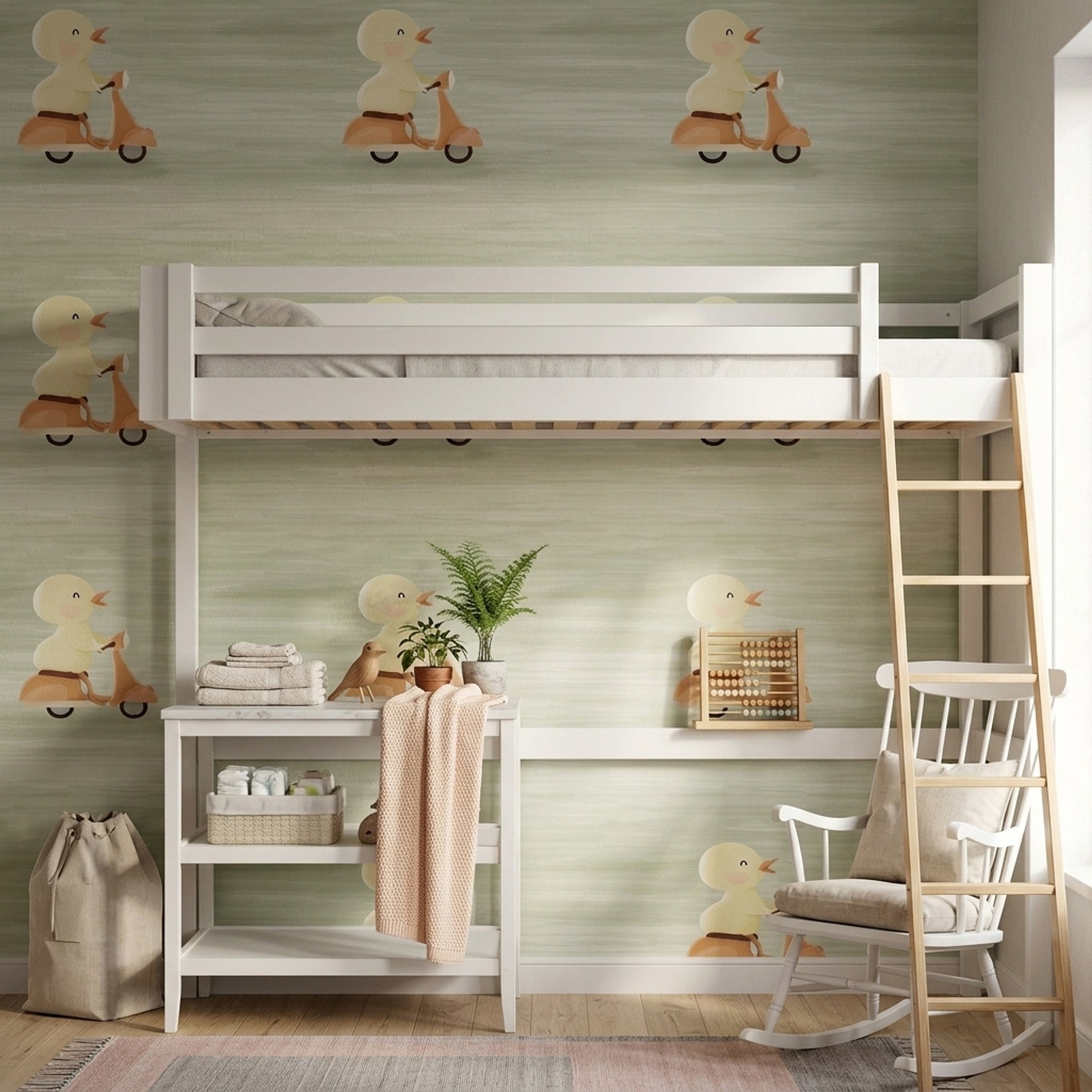 Scooterlı Sevimli Civciv Duvar Kağıdı Yeşil Bebek Odası