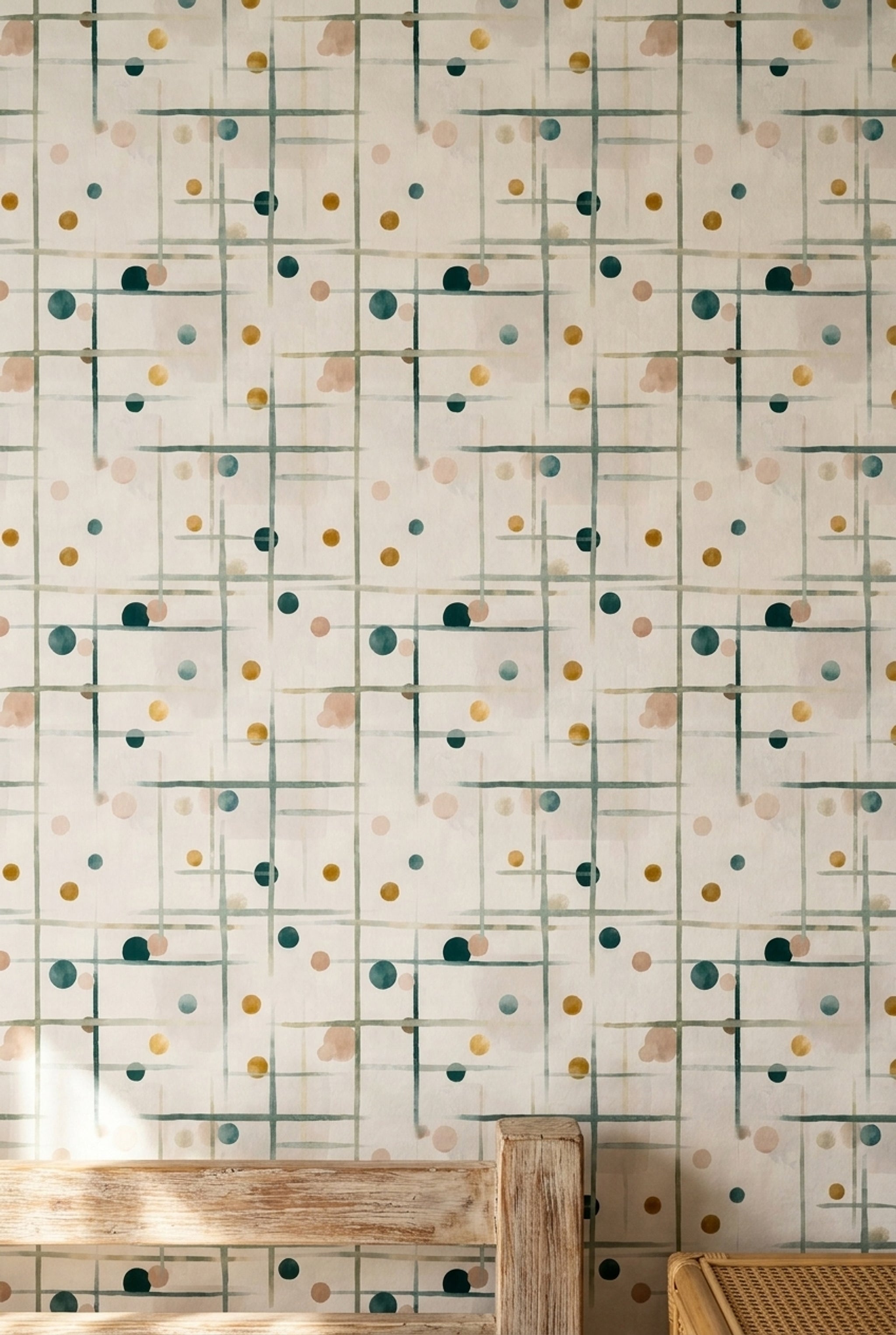 Geometrik Noktalı Duvar Kağıdı Mint Yeşili Salon Deseni
