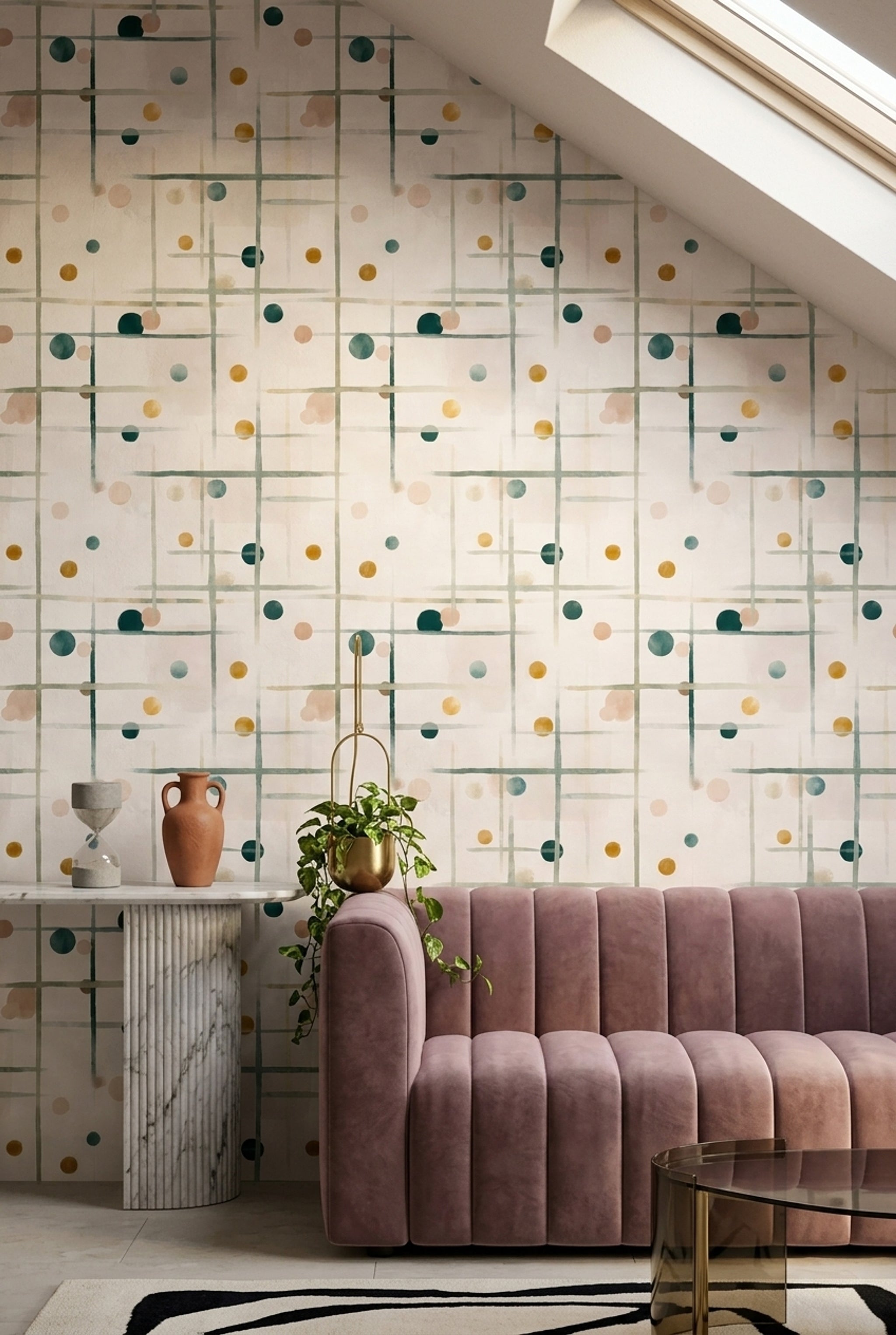 Geometrik Noktalı Duvar Kağıdı Mint Yeşili Salon Deseni