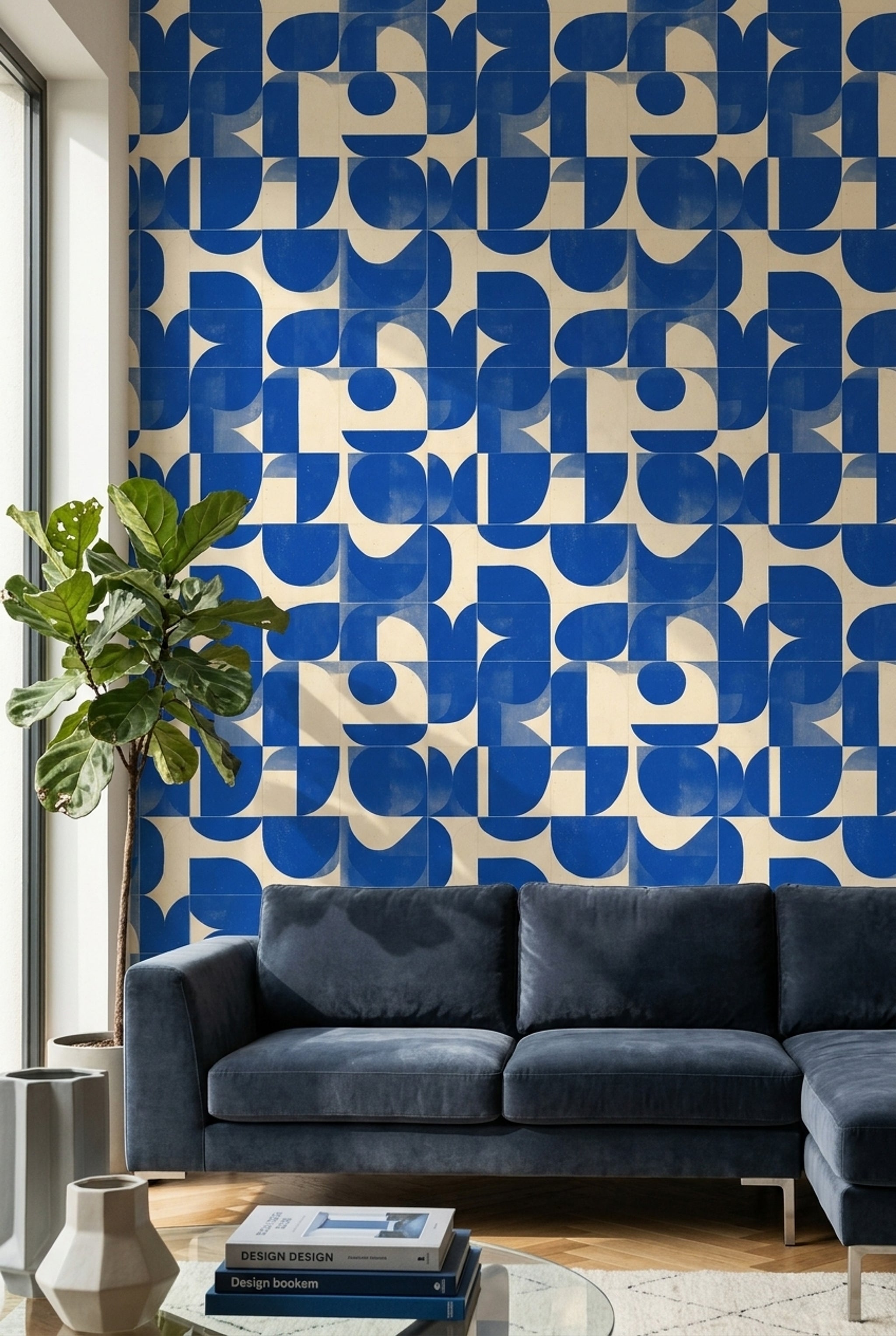 Geometrik Desenli Duvar Kağıdı Lacivert Krem Salon Duvarı