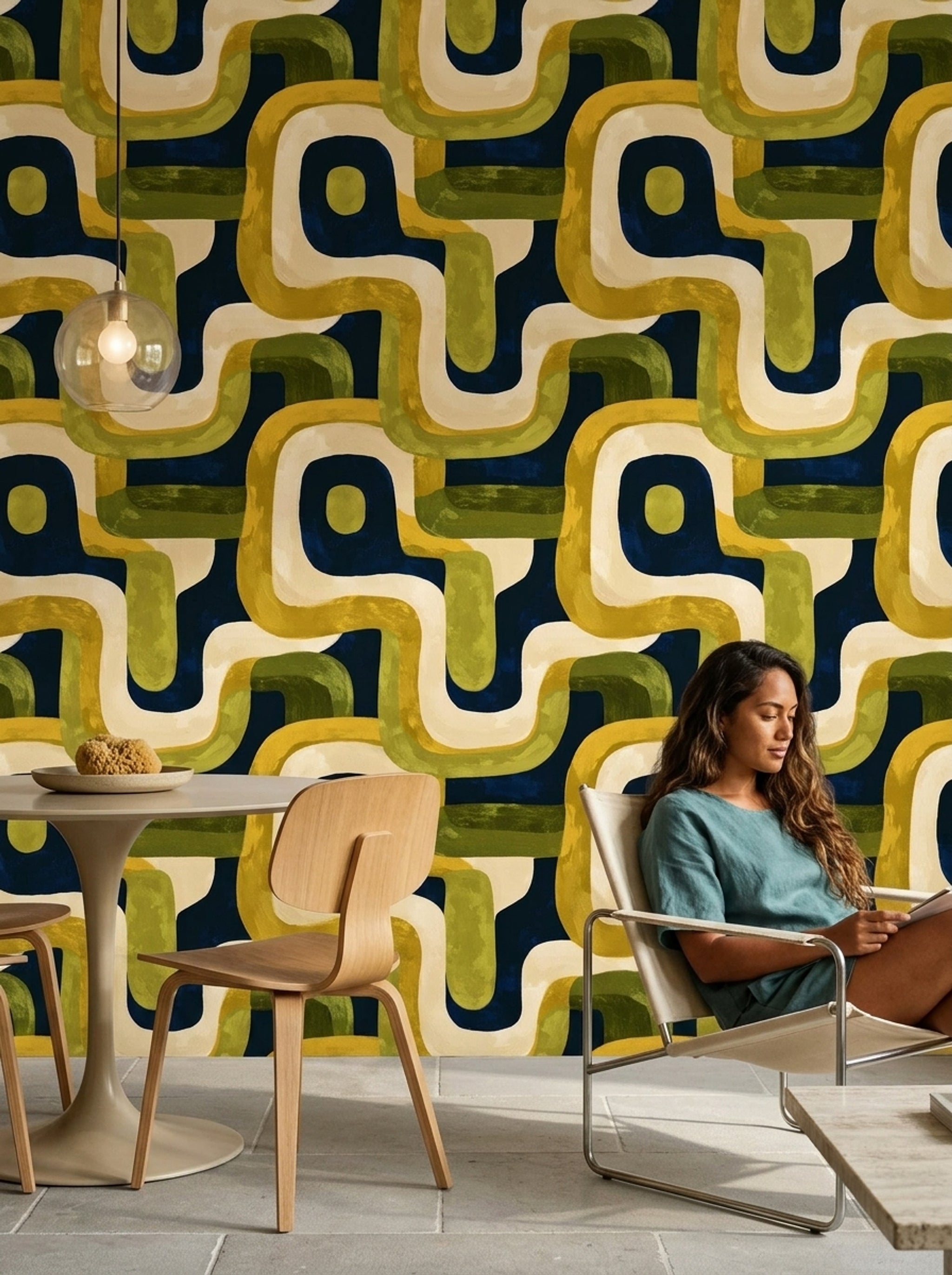 Retro Geometrik Duvar Kağıdı Lacivert Yeşil Salon Deseni