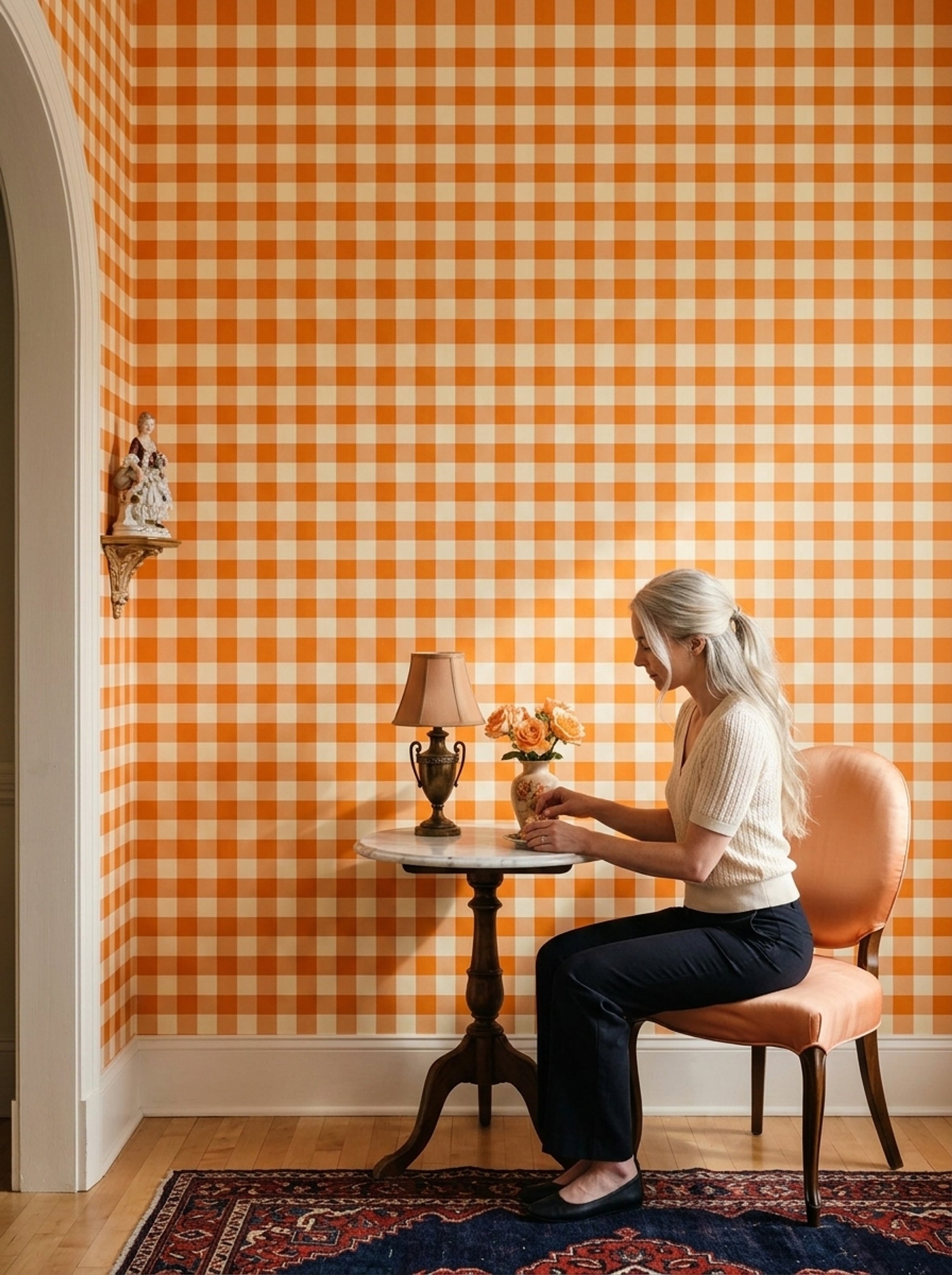 Turuncu Beyaz Kareli Duvar Kağıdı Modern Salon Deseni