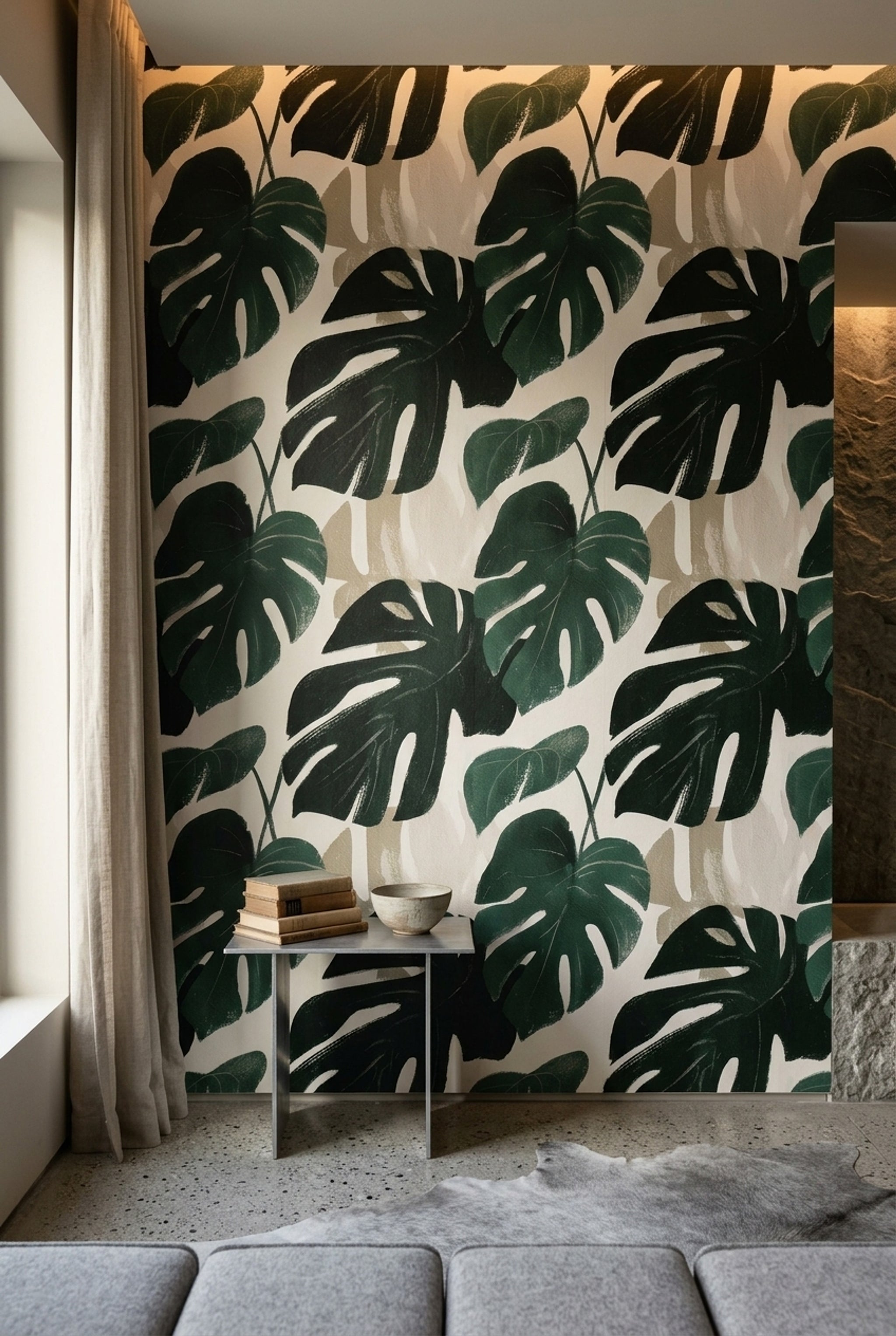 Tropikal Monstera Yapraklı Duvar Kağıdı Yeşil Salon Desenli