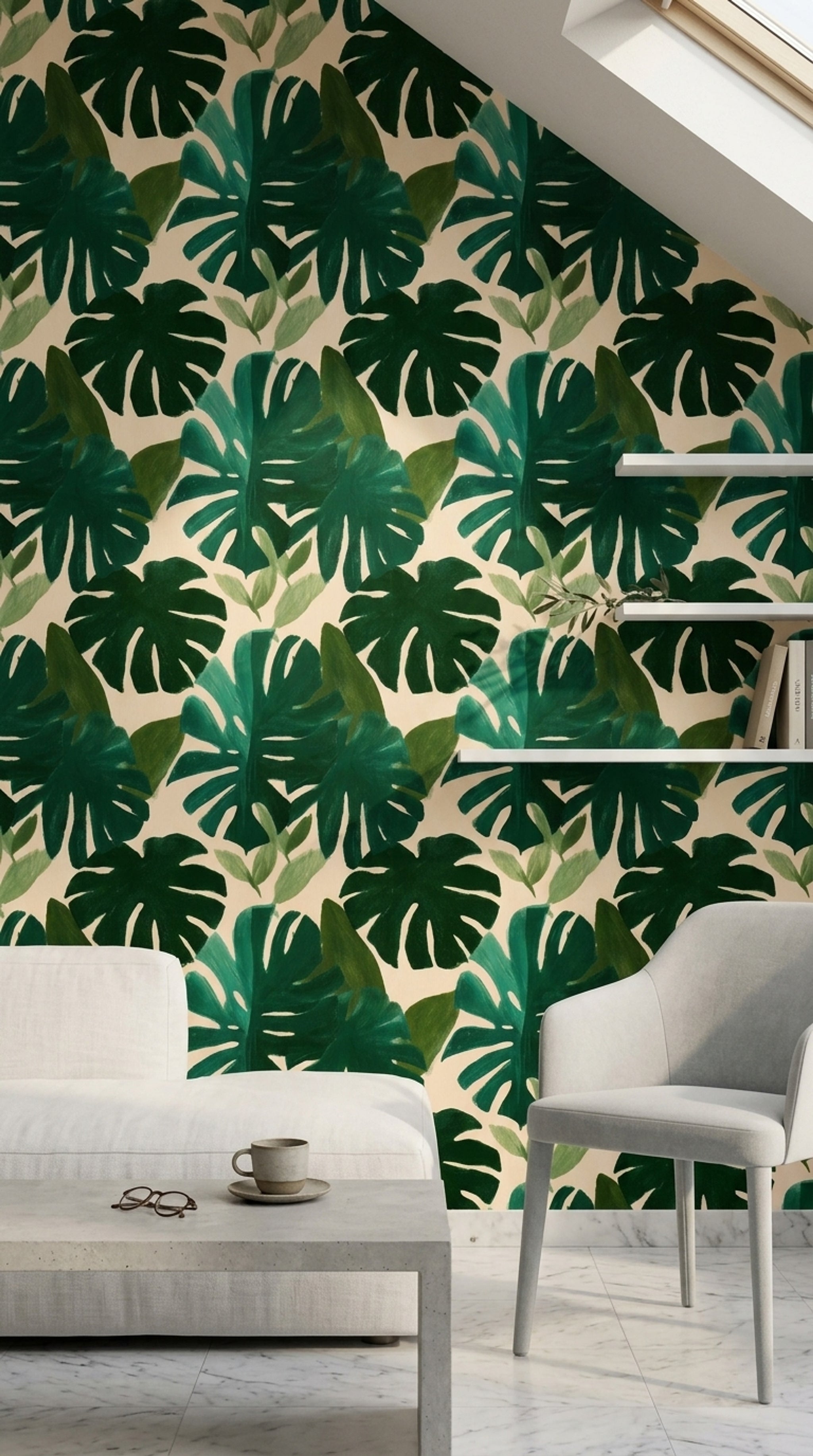 Tropikal Monstera Yapraklı Duvar Kağıdı Yeşil Desenli Salon