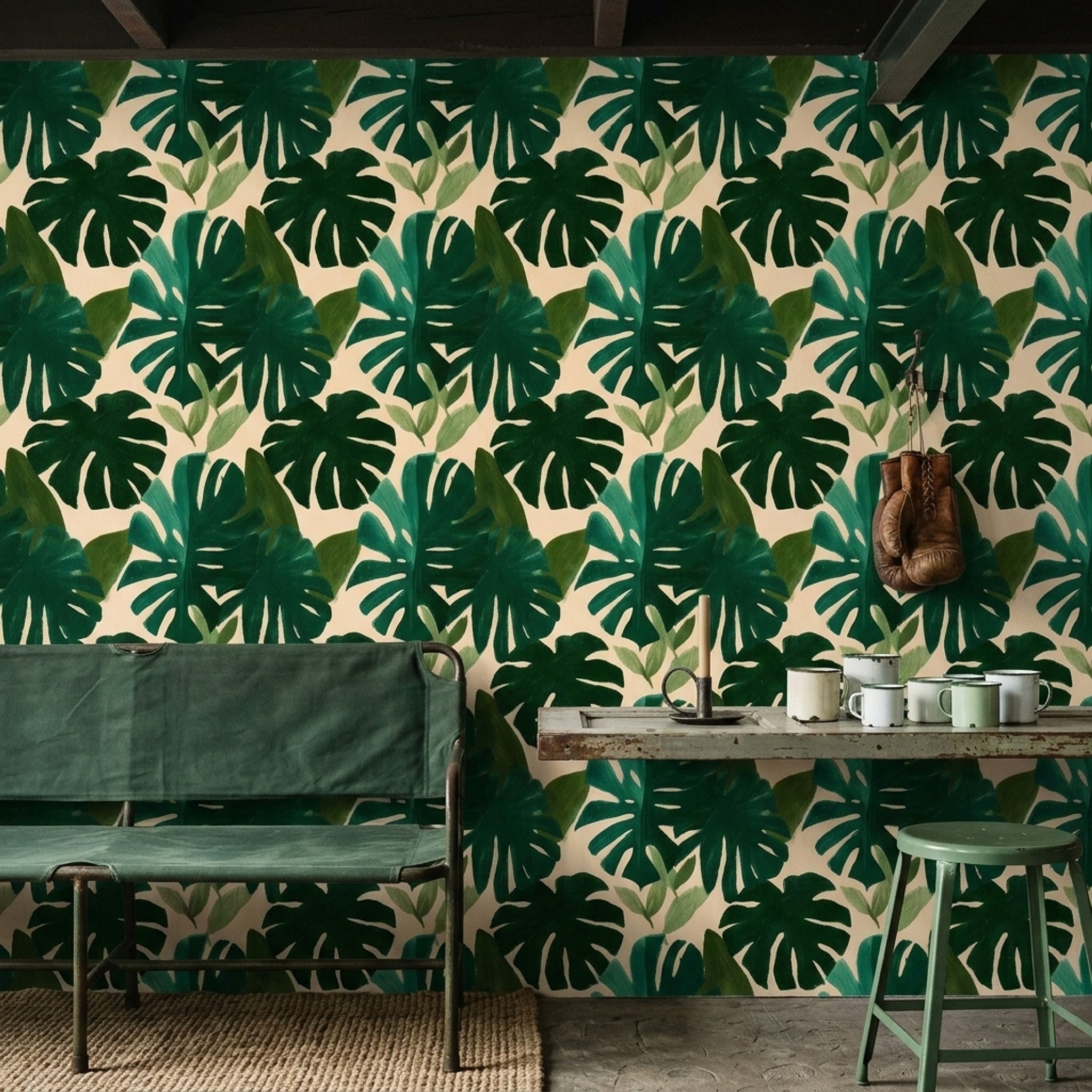 Tropikal Monstera Yapraklı Duvar Kağıdı Yeşil Desenli Salon