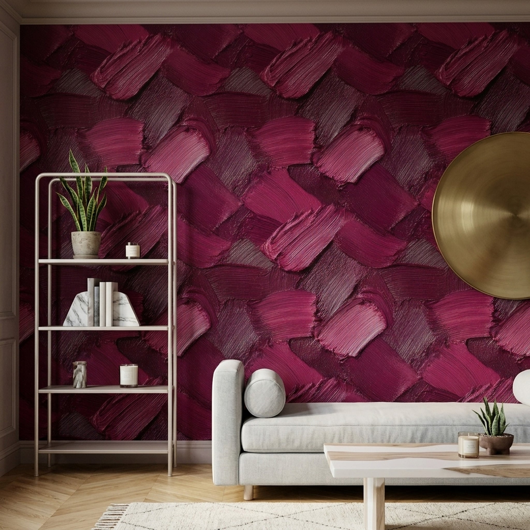 Bordo Fırça Darbeli Geometrik Duvar Kağıdı Modern Salon