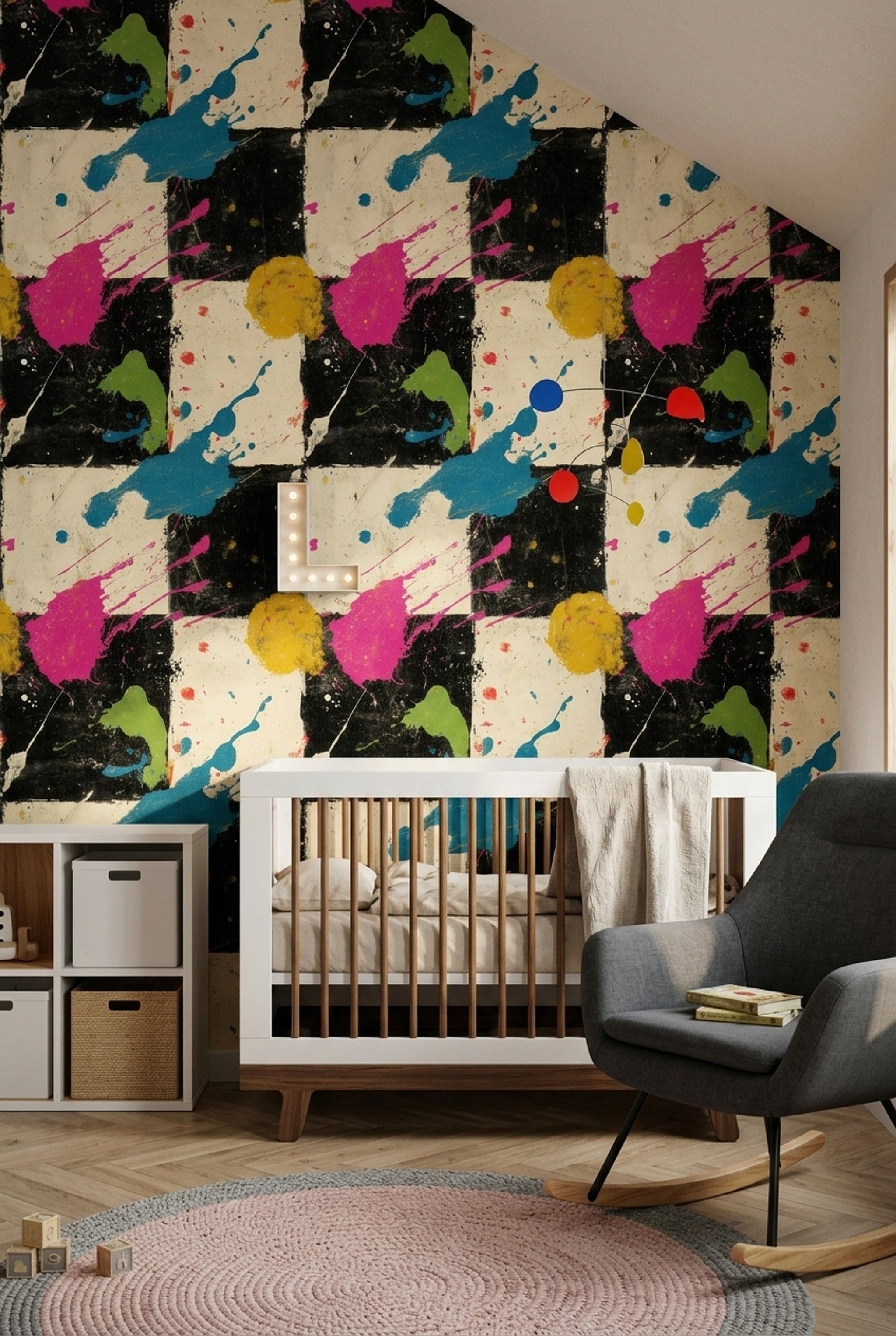 Soyut Kareli Duvar Kağıdı Renk Sıçramalı Modern Salon