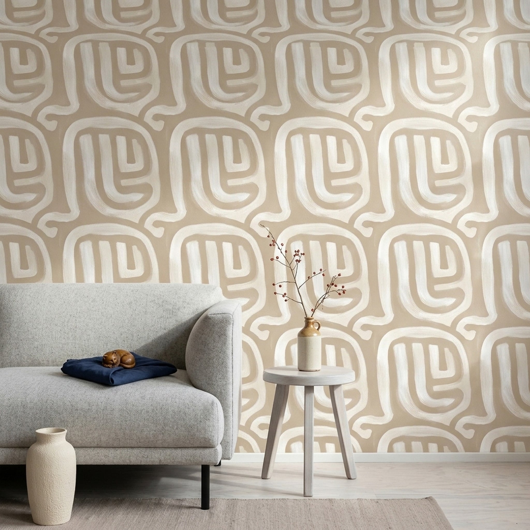 Soyut Labirent Desenli Duvar Kağıdı Bej Krem Modern Salon