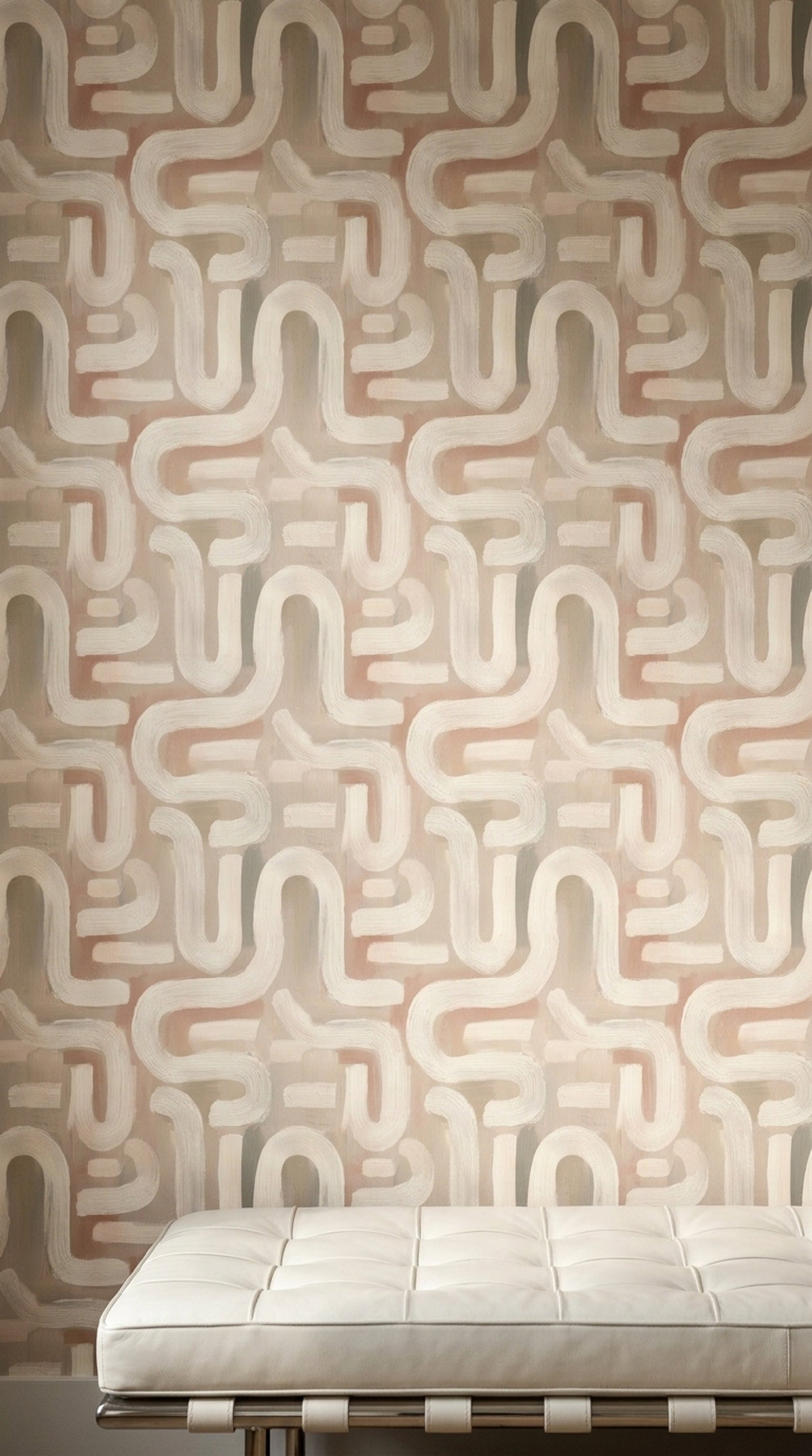 Retro Geometrik Duvar Kağıdı Bej Krem Kıvrımlı Desen