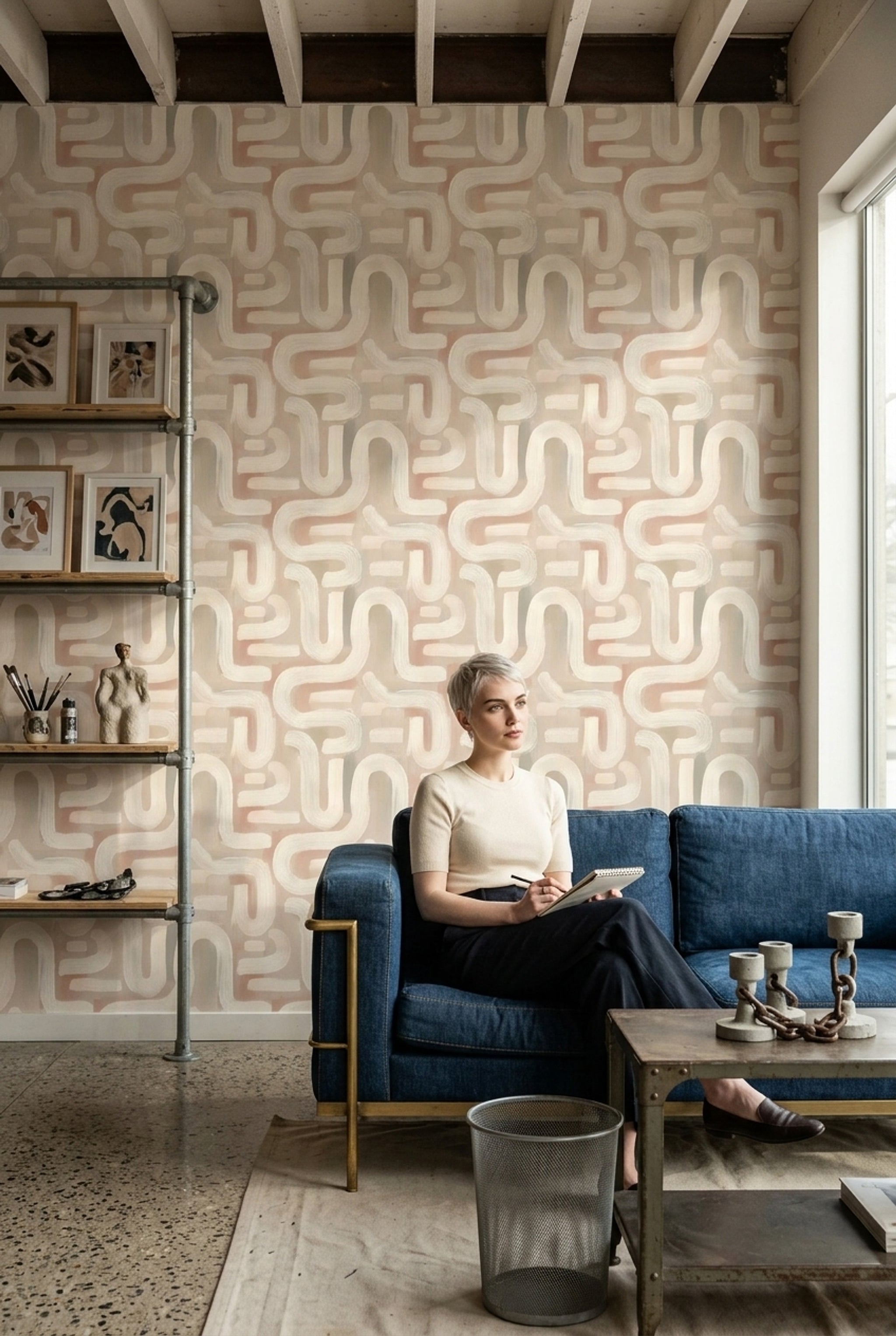 Retro Geometrik Duvar Kağıdı Bej Krem Kıvrımlı Desen