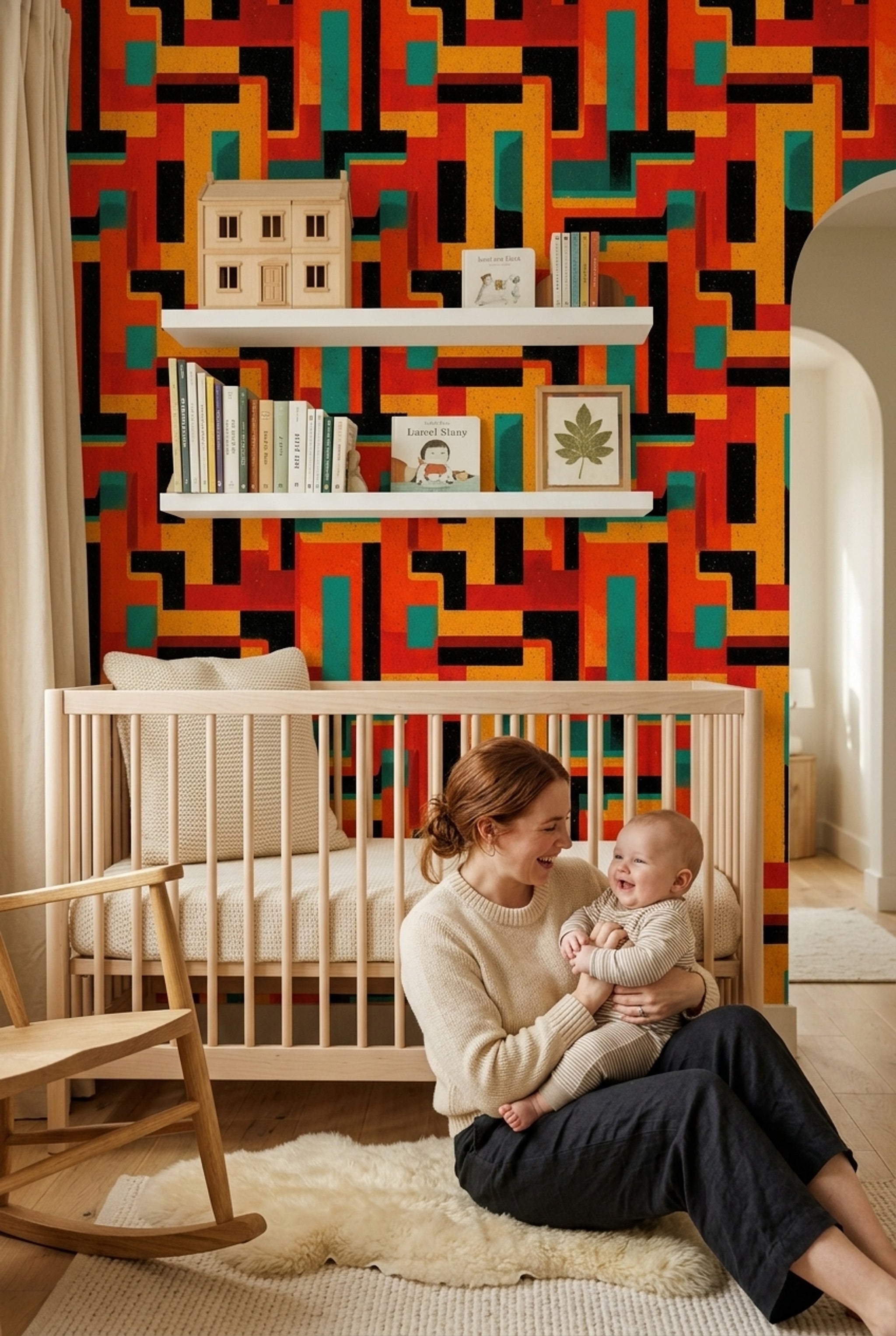 Retro Geometrik Duvar Kağıdı Turuncu Sarı Desenli Salon