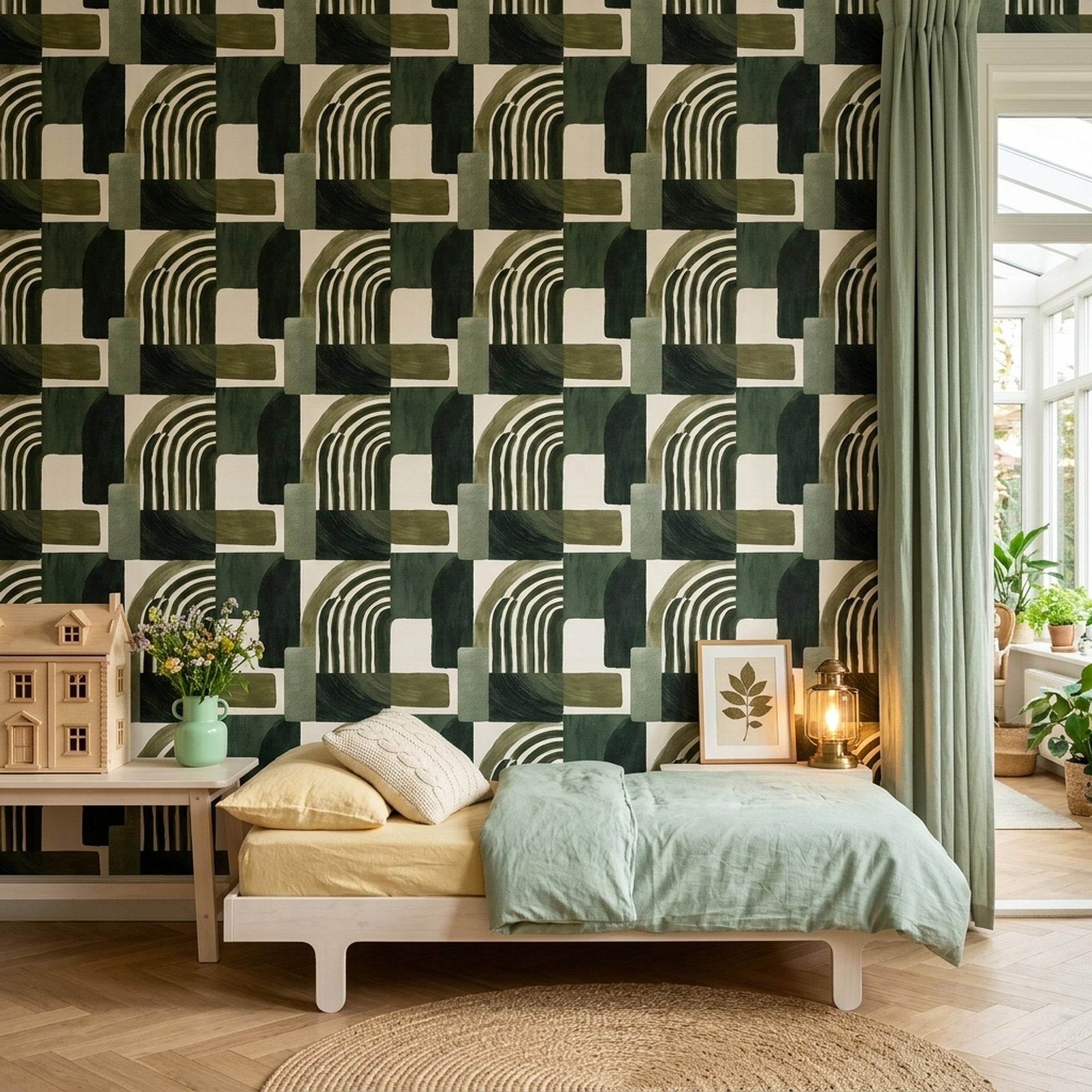 Geometrik Kemer Desenli Duvar Kağıdı Yeşil Modern Salon