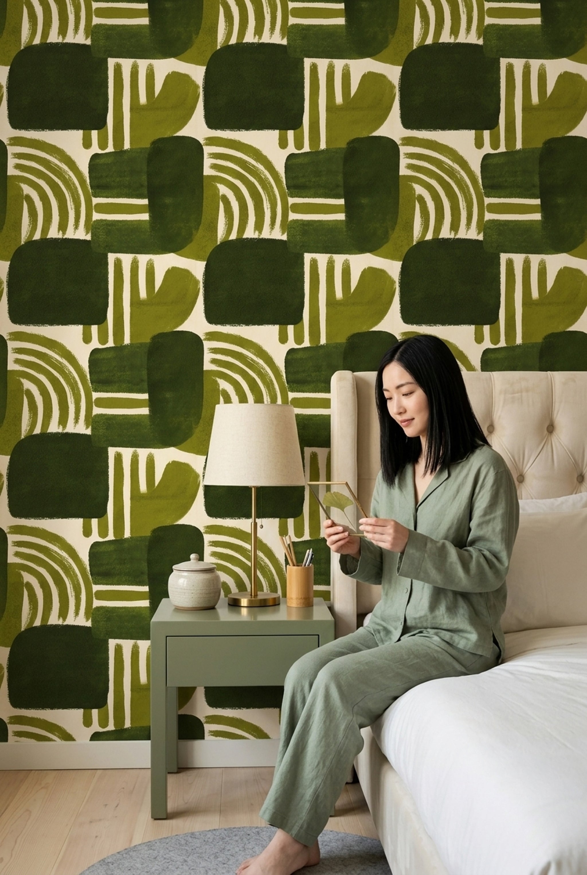 Retro Geometrik Duvar Kağıdı Yeşil Desenli Salon Dekoru