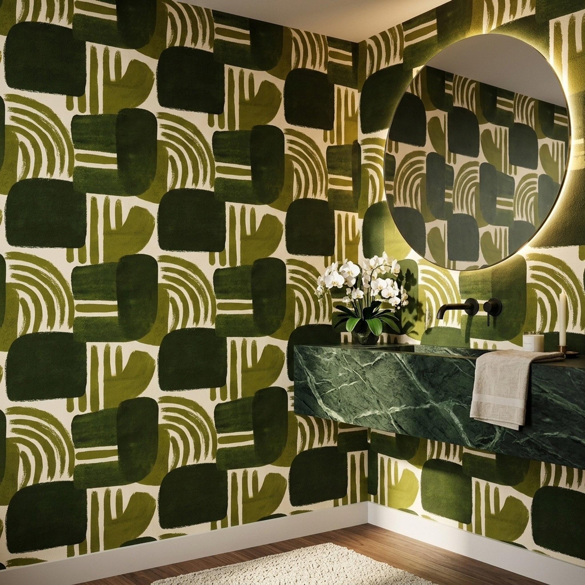 Retro Geometrik Duvar Kağıdı Yeşil Desenli Salon Dekoru