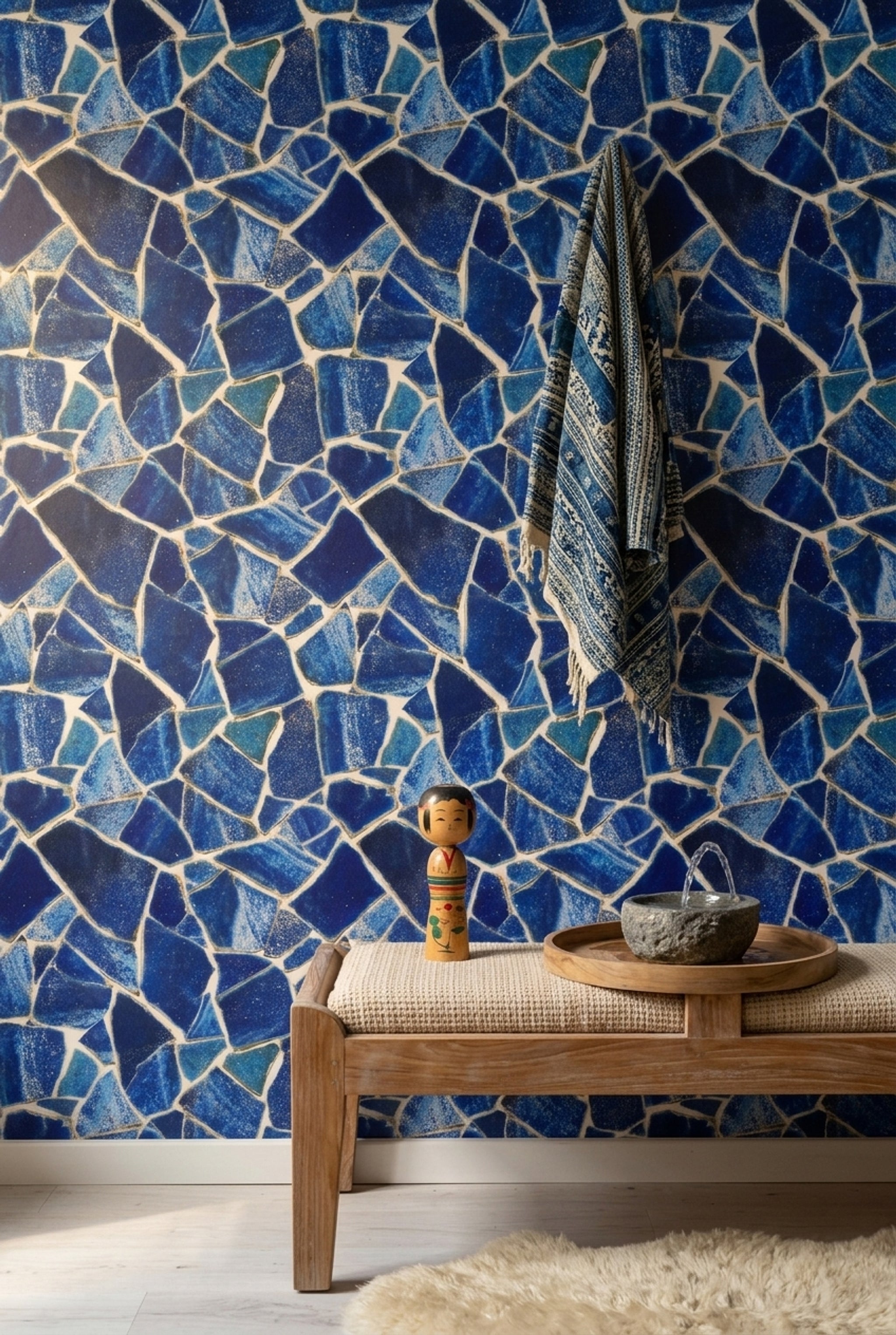 Mavi Mozaik Desenli Duvar Kağıdı Modern Salon Dekoru