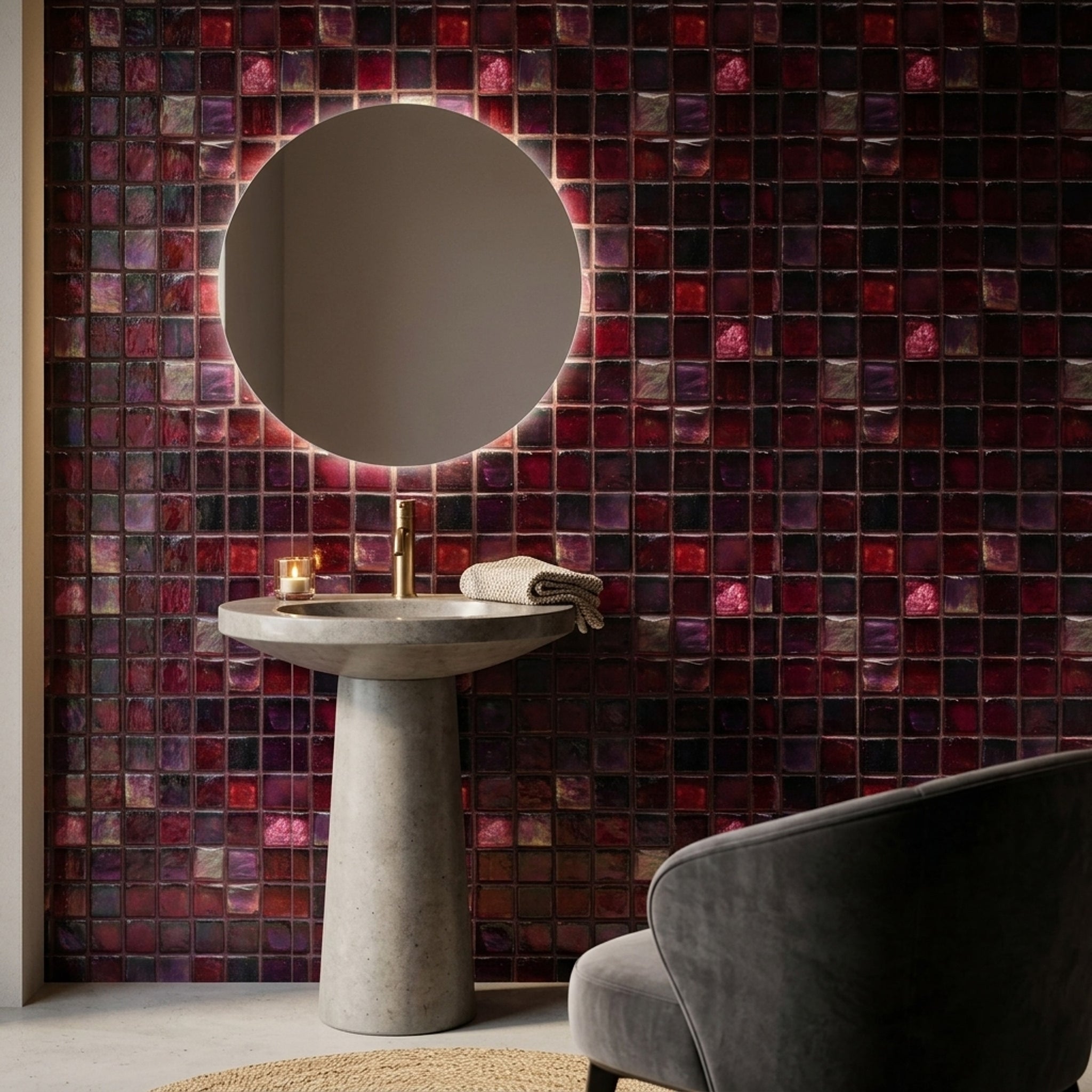 Mor Kırmızı Mozaik Desenli Duvar Kağıdı Modern Salon