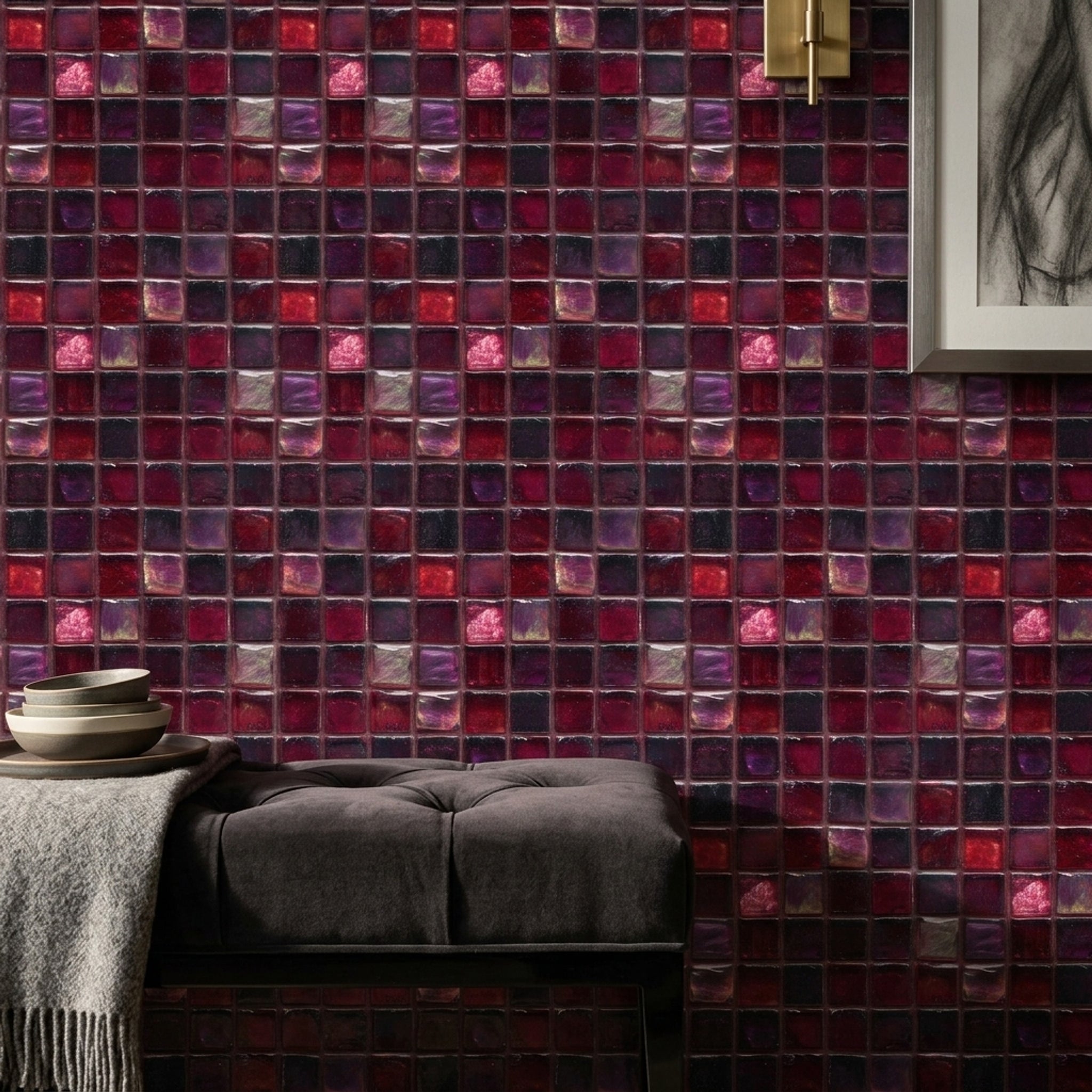 Mor Kırmızı Mozaik Desenli Duvar Kağıdı Modern Salon