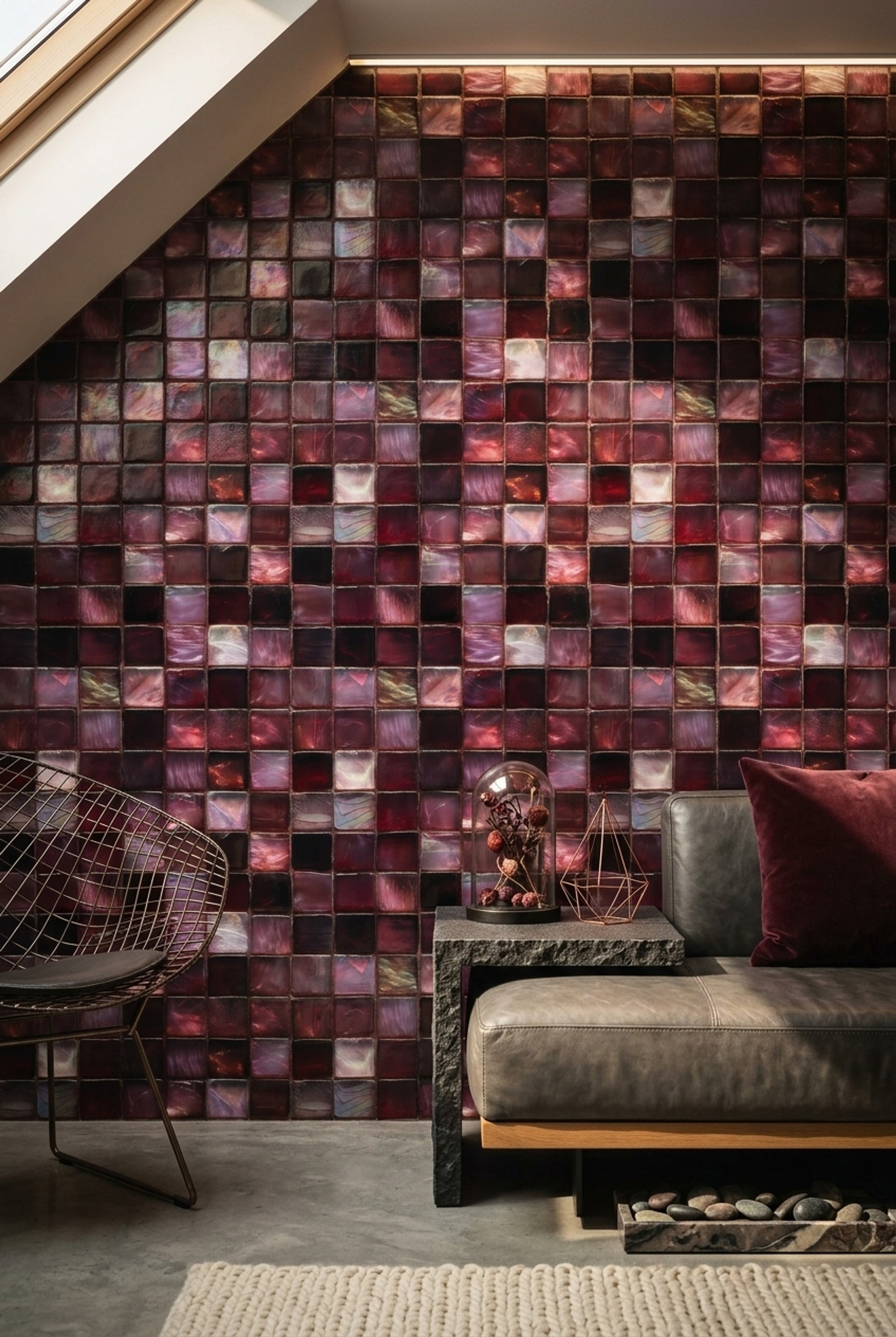 Mozaik Kare Desenli Duvar Kağıdı Bordo Siyah Salon