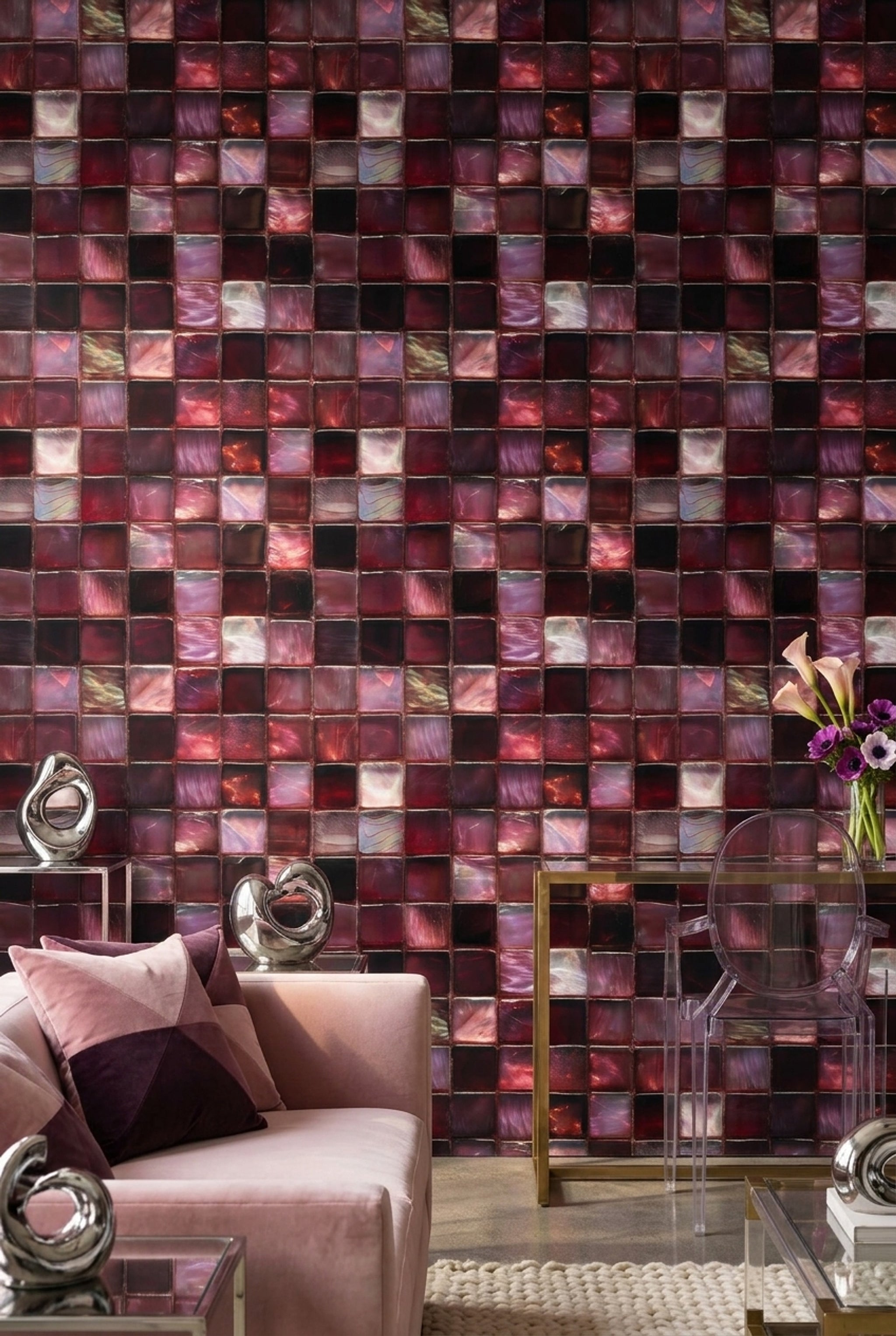 Mozaik Kare Desenli Duvar Kağıdı Bordo Siyah Salon