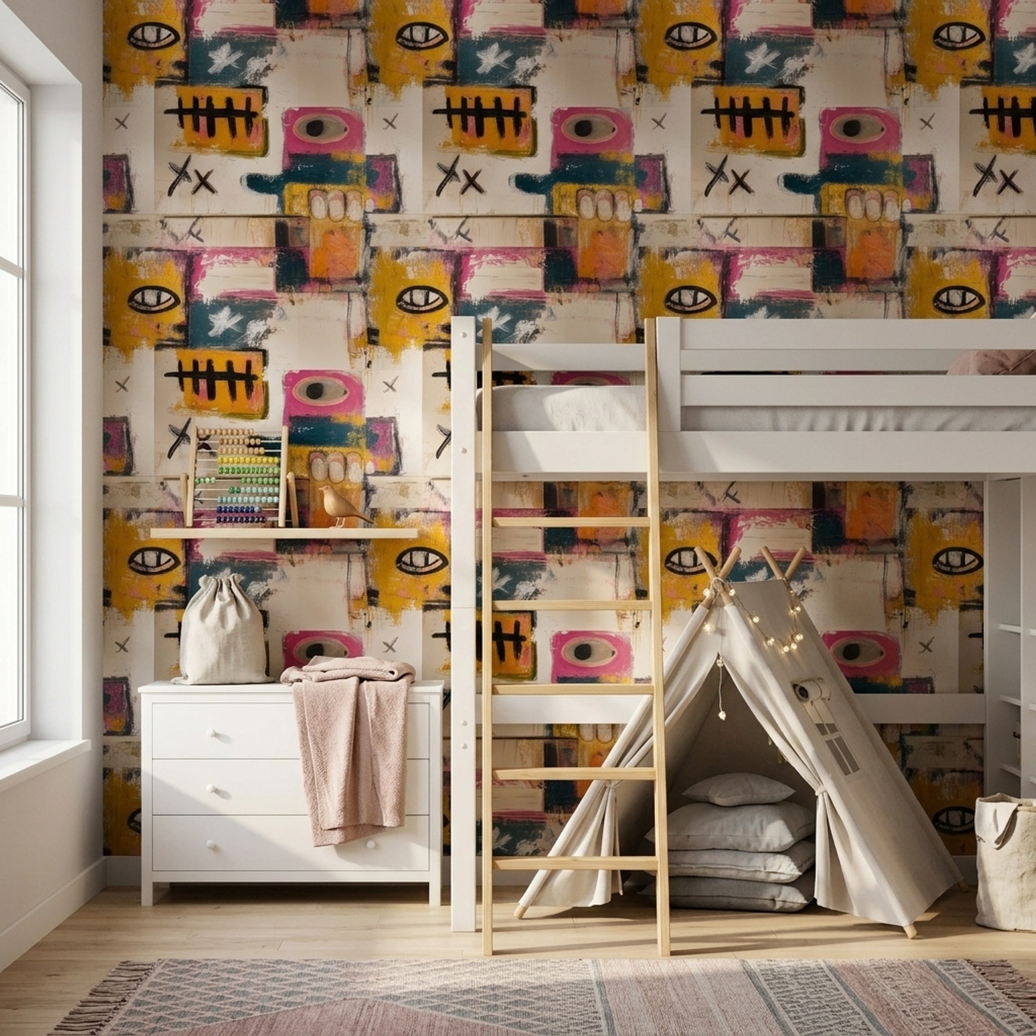 Soyut Grafiti Desenli Duvar Kağıdı Renkli Modern Çocuk Odası