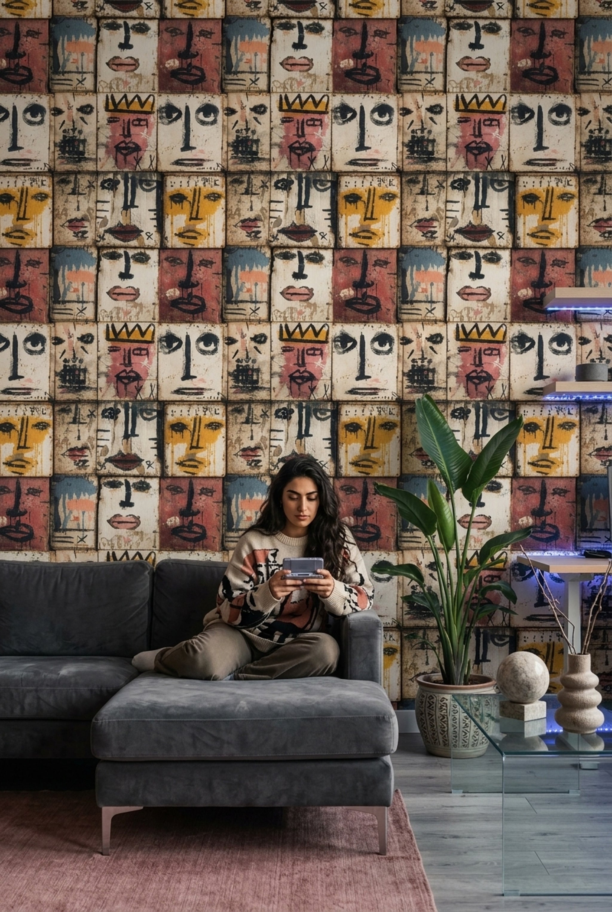 Soyut Yüz Desenli Duvar Kağıdı Retro Renkli Salon Dekoru