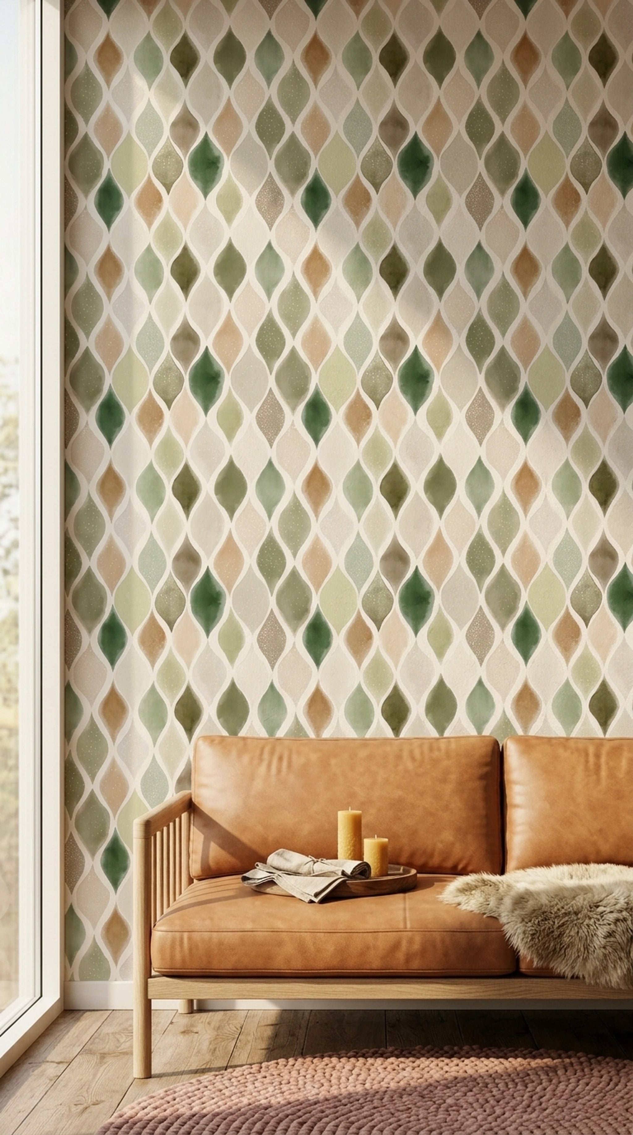 Geometrik Damla Desenli Duvar Kağıdı Yeşil Bej Salon