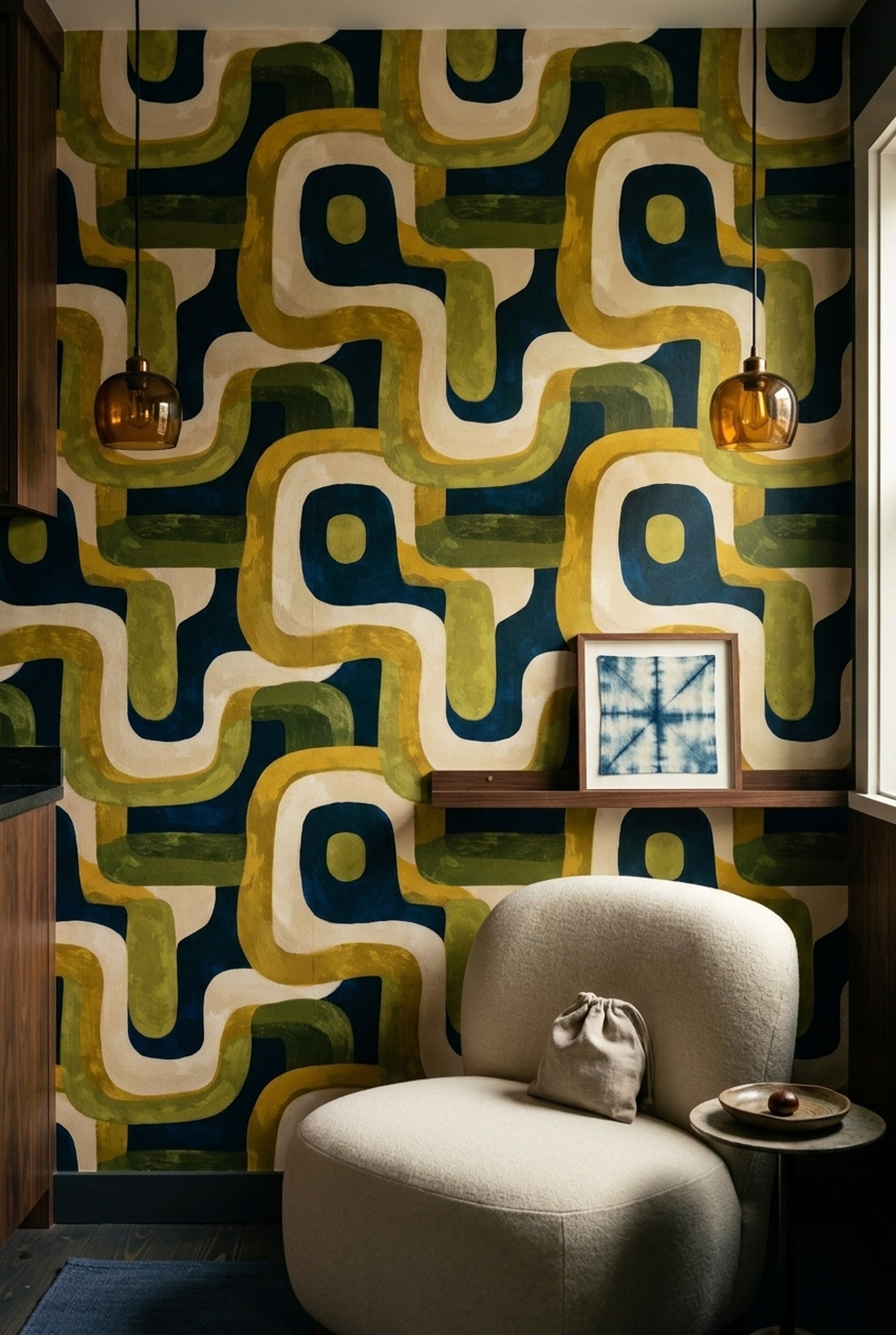Retro Geometrik Duvar Kağıdı Lacivert Yeşil Salon Deseni