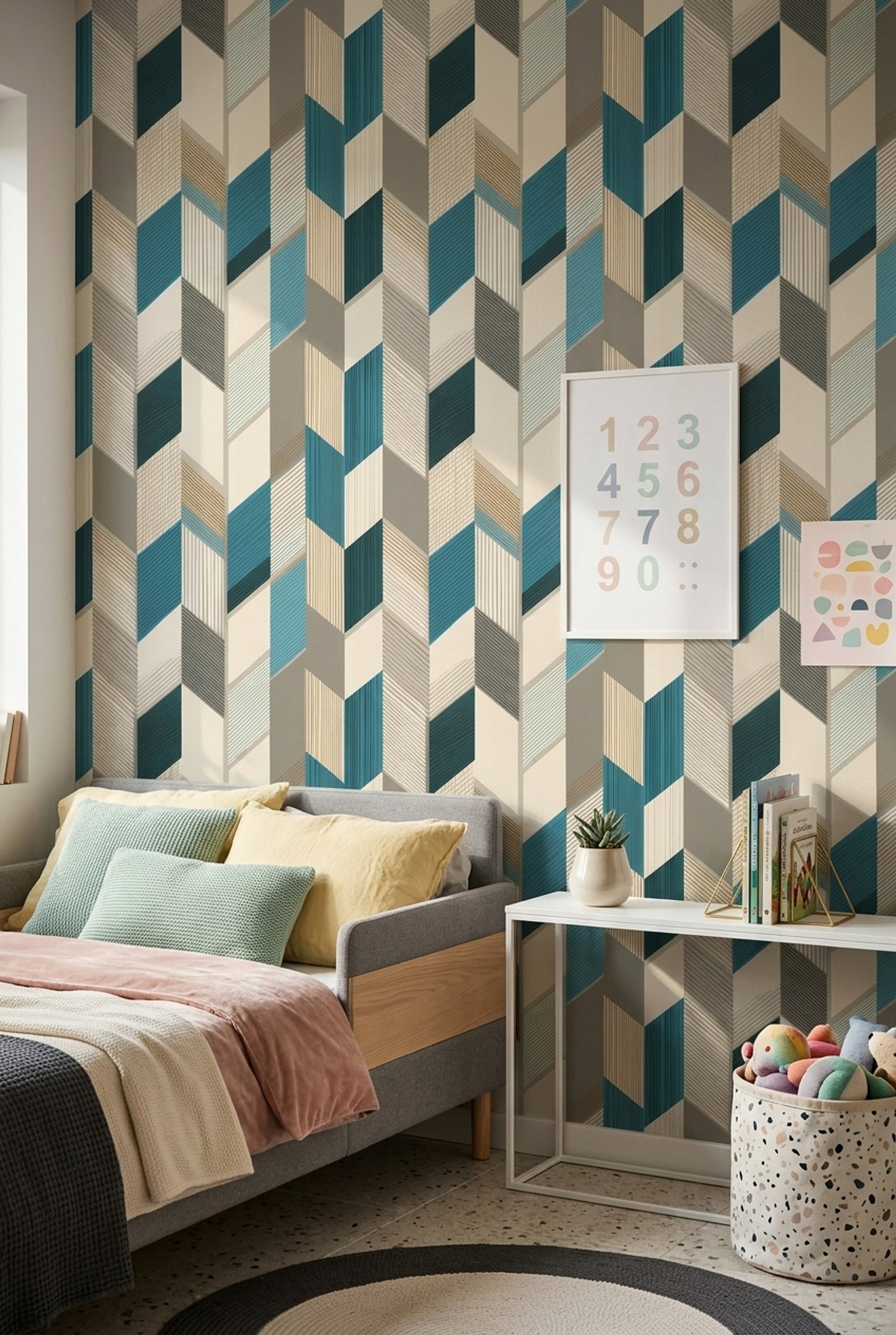 Geometrik Küp Desenli Duvar Kağıdı Mavi Gri Modern