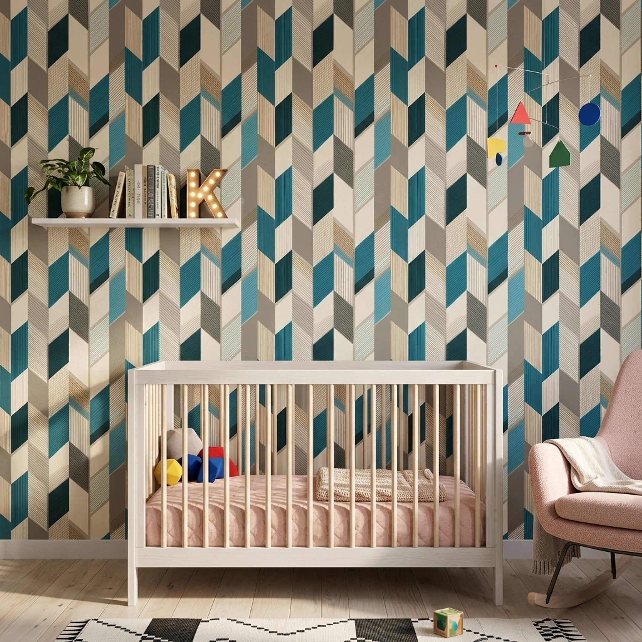 Geometrik Küp Desenli Duvar Kağıdı Mavi Gri Modern