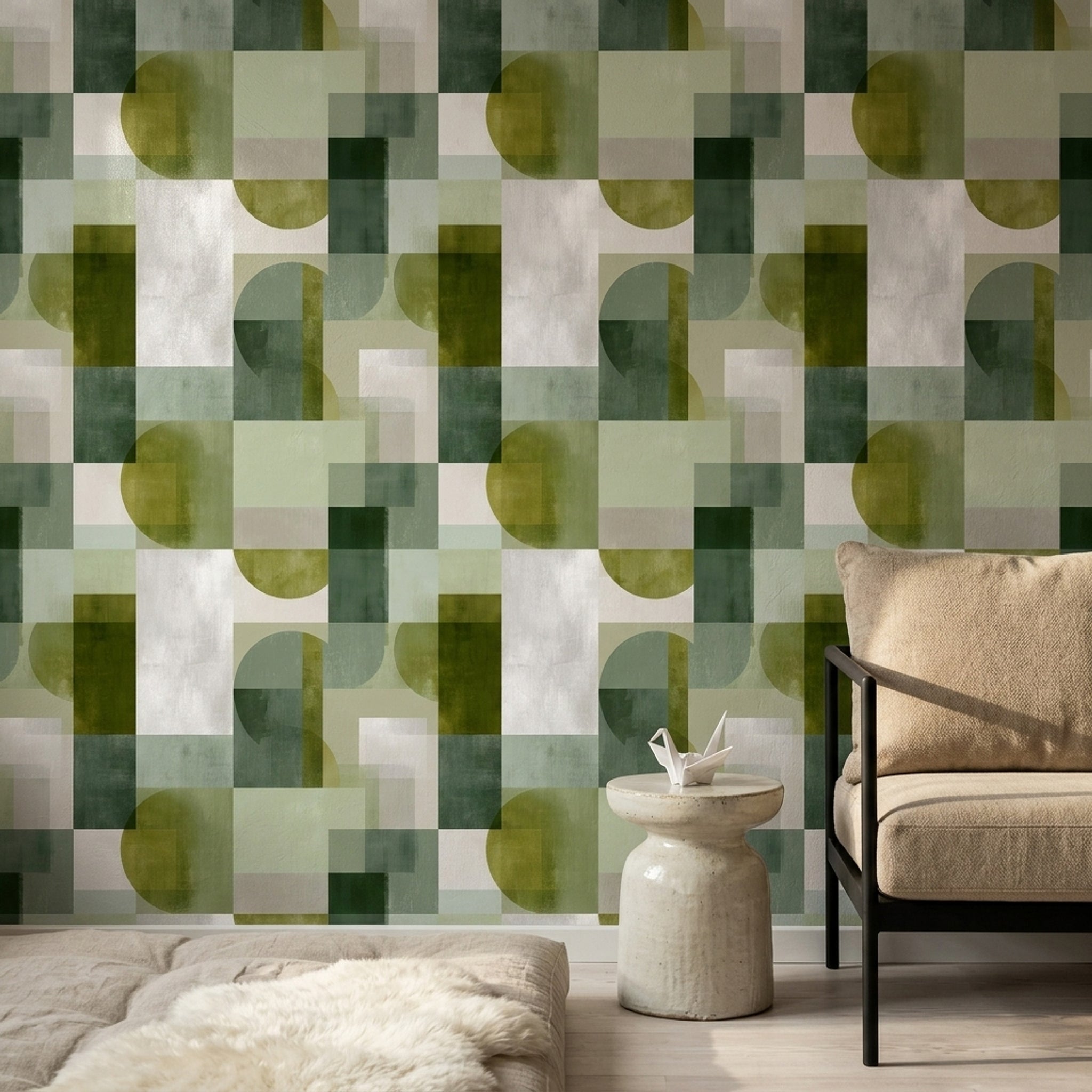 Yeşil Geometrik Desenli Duvar Kağıdı Modern Salon Dekoru