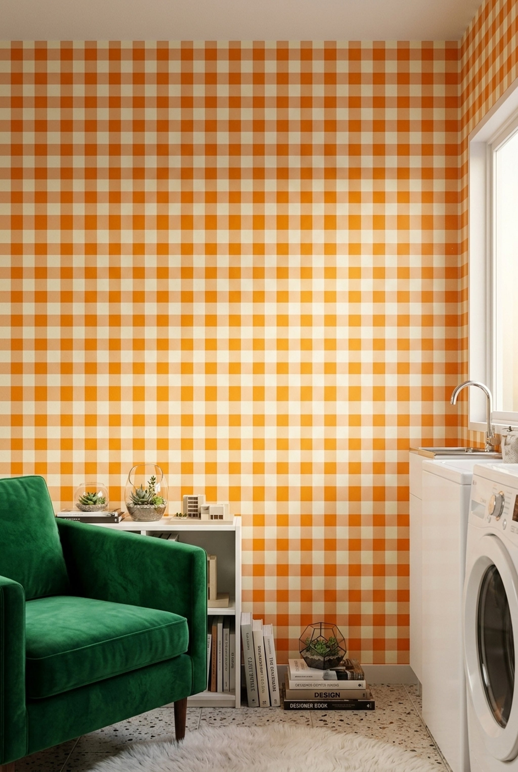 Turuncu Beyaz Kareli Duvar Kağıdı Modern Salon Deseni