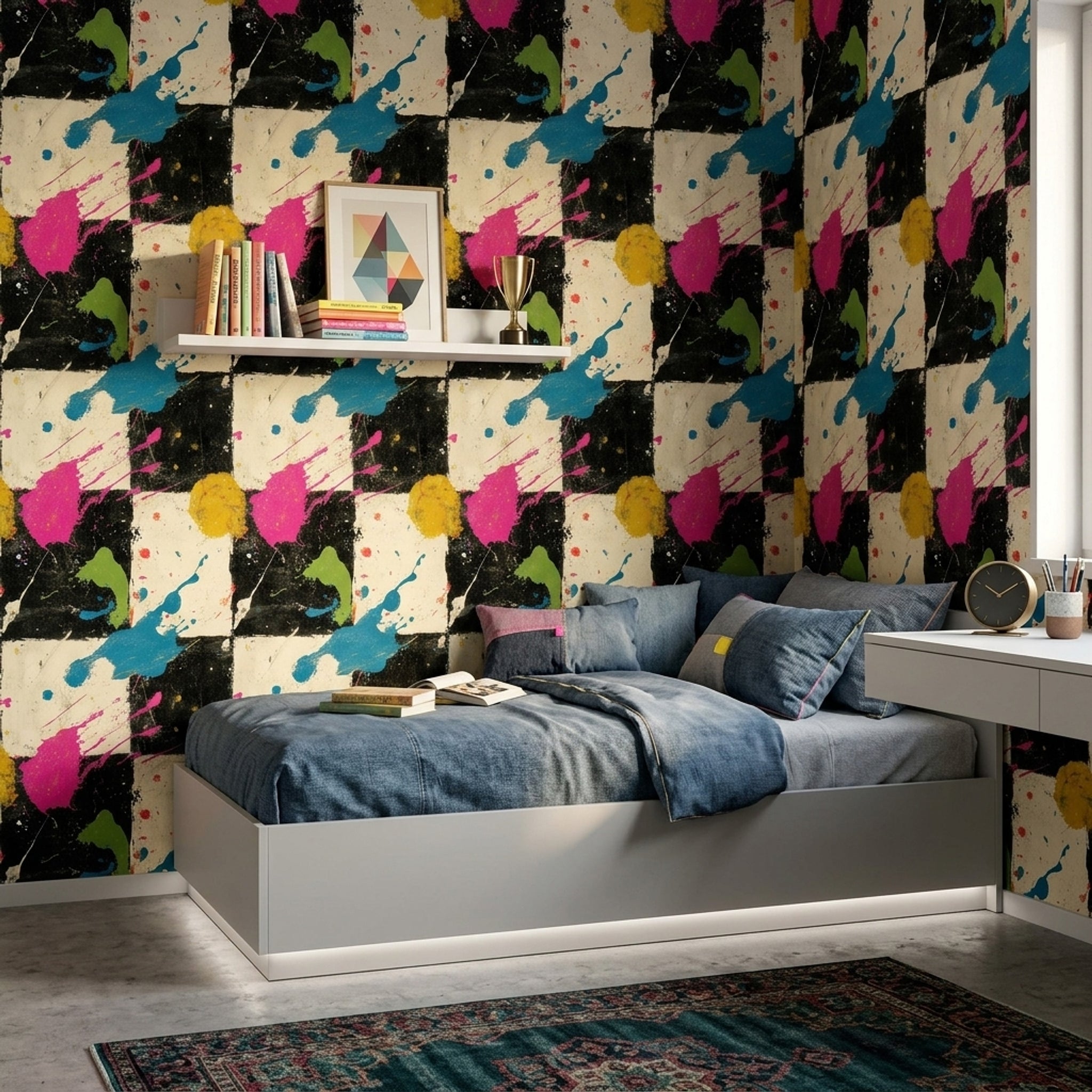 Soyut Kareli Duvar Kağıdı Renk Sıçramalı Modern Salon