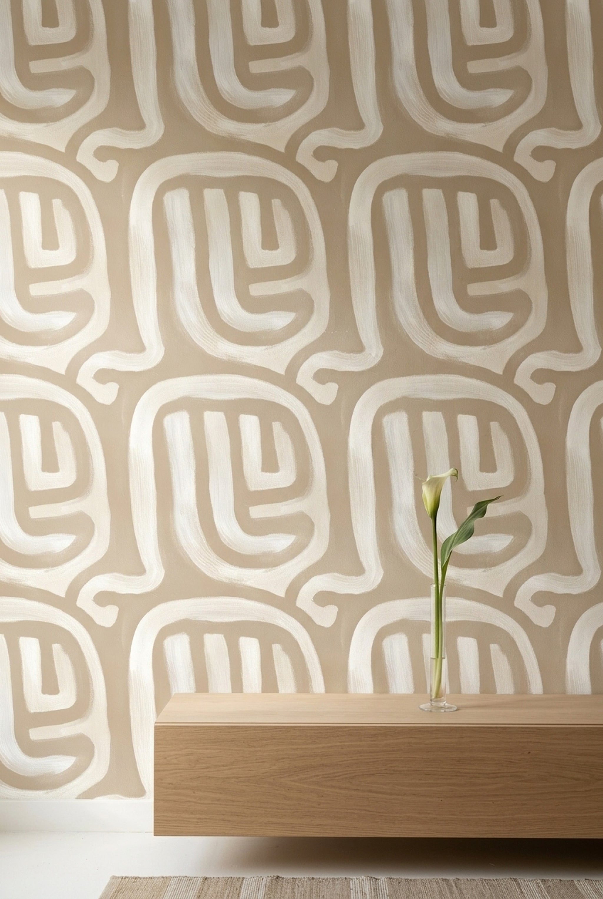 Soyut Labirent Desenli Duvar Kağıdı Bej Krem Modern Salon