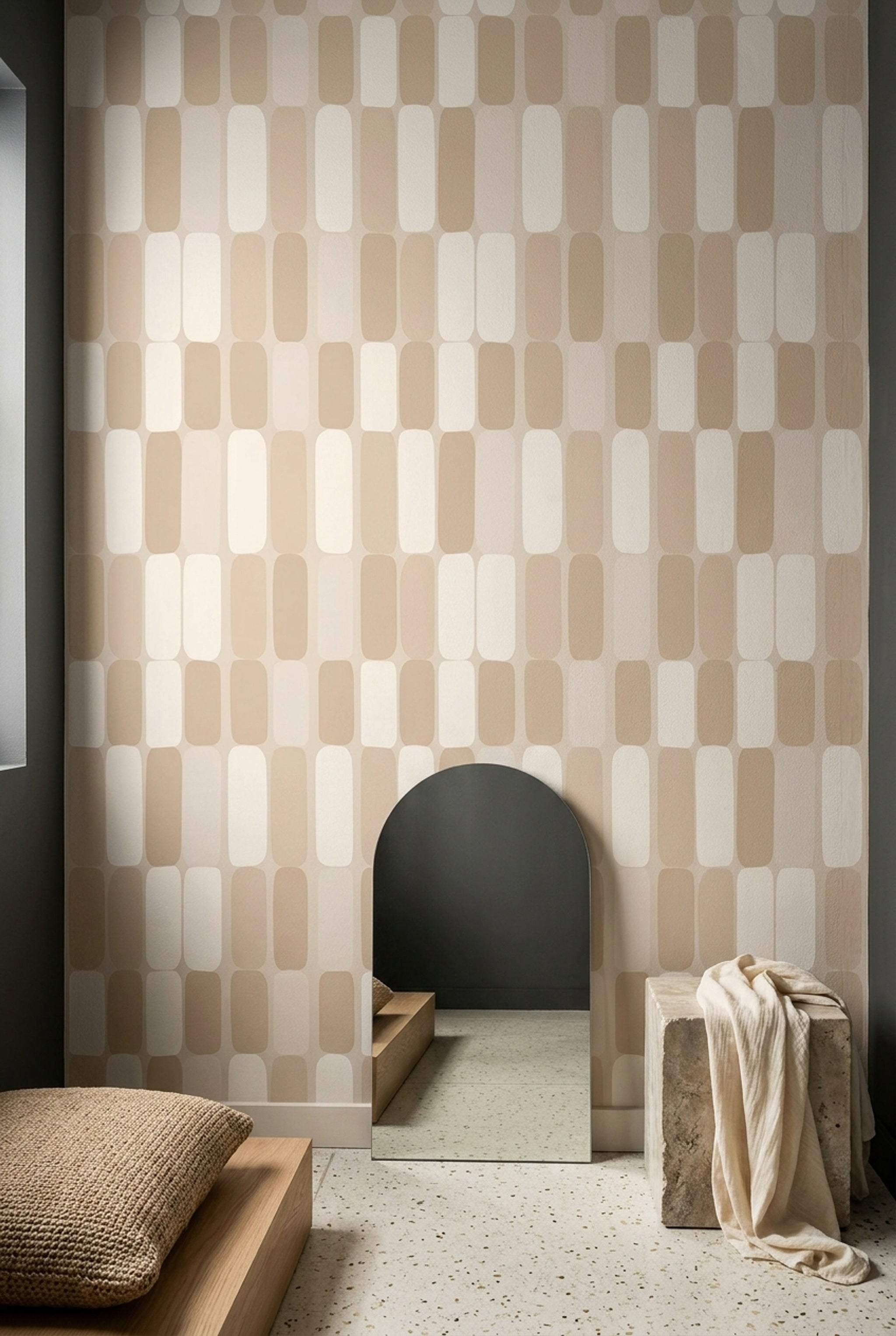 Retro Geometrik Duvar Kağıdı Bej Krem Oval Desenli